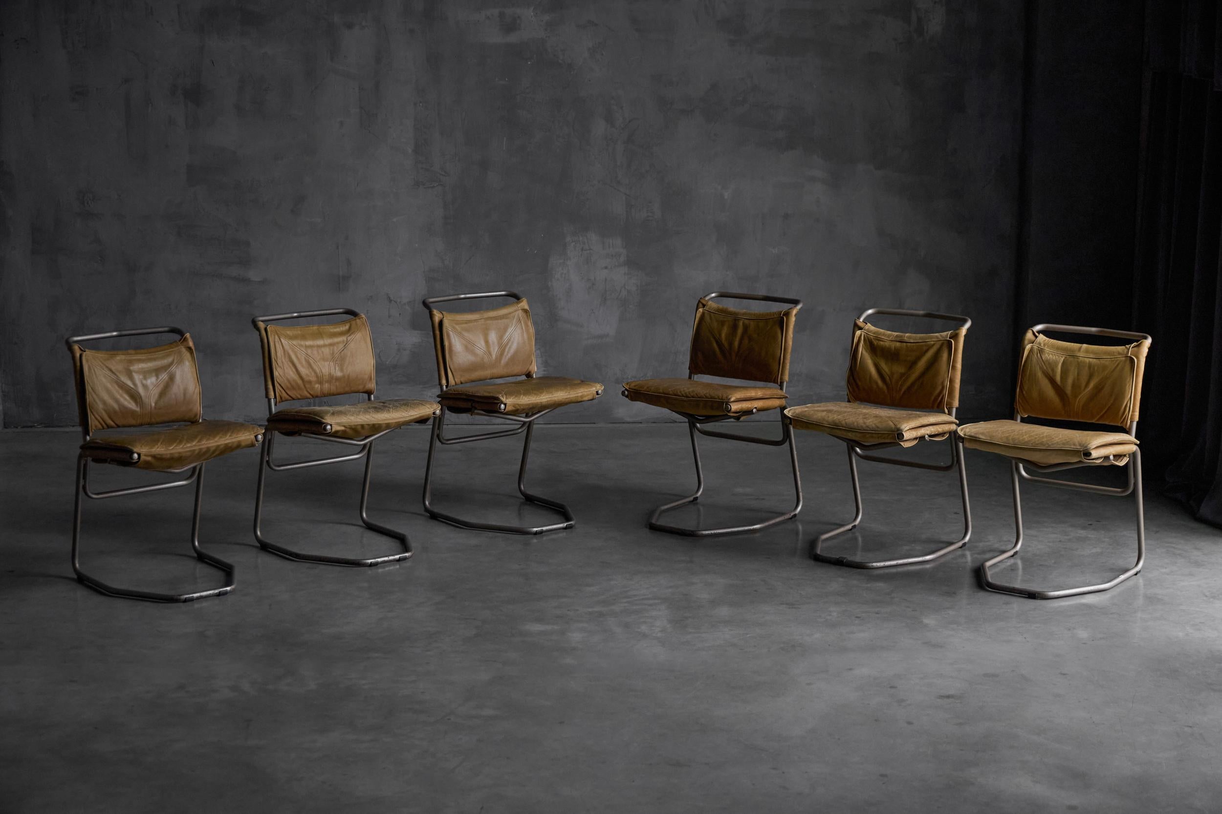 Mid-Century Modern Leather & Steel Dining Chair by Raymond Rombouts, Belgium, 20th Century For Sale