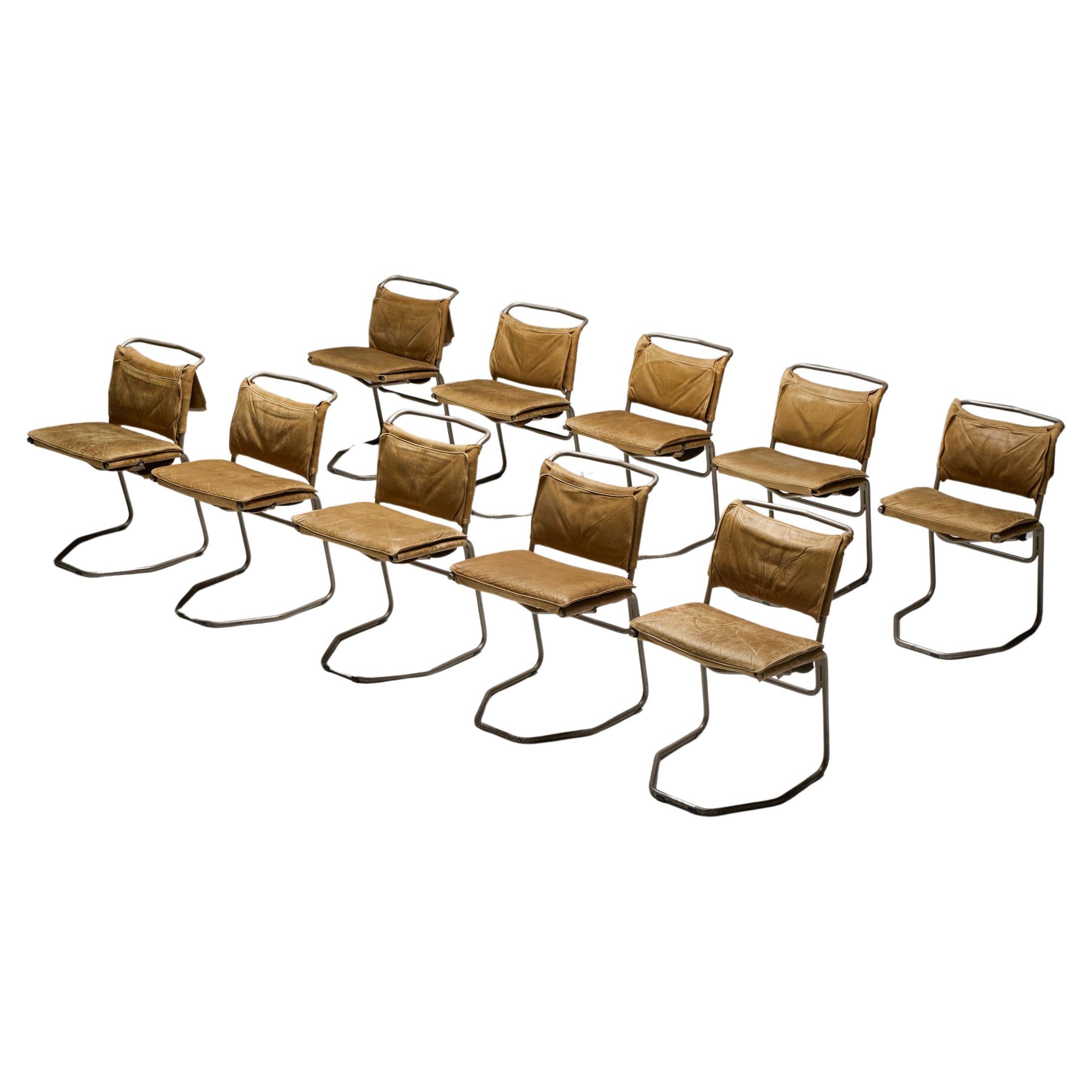 Esszimmerstühle aus Stahl und Cognac von Raymond Rombouts, Belgien, 20. Jahrhundert