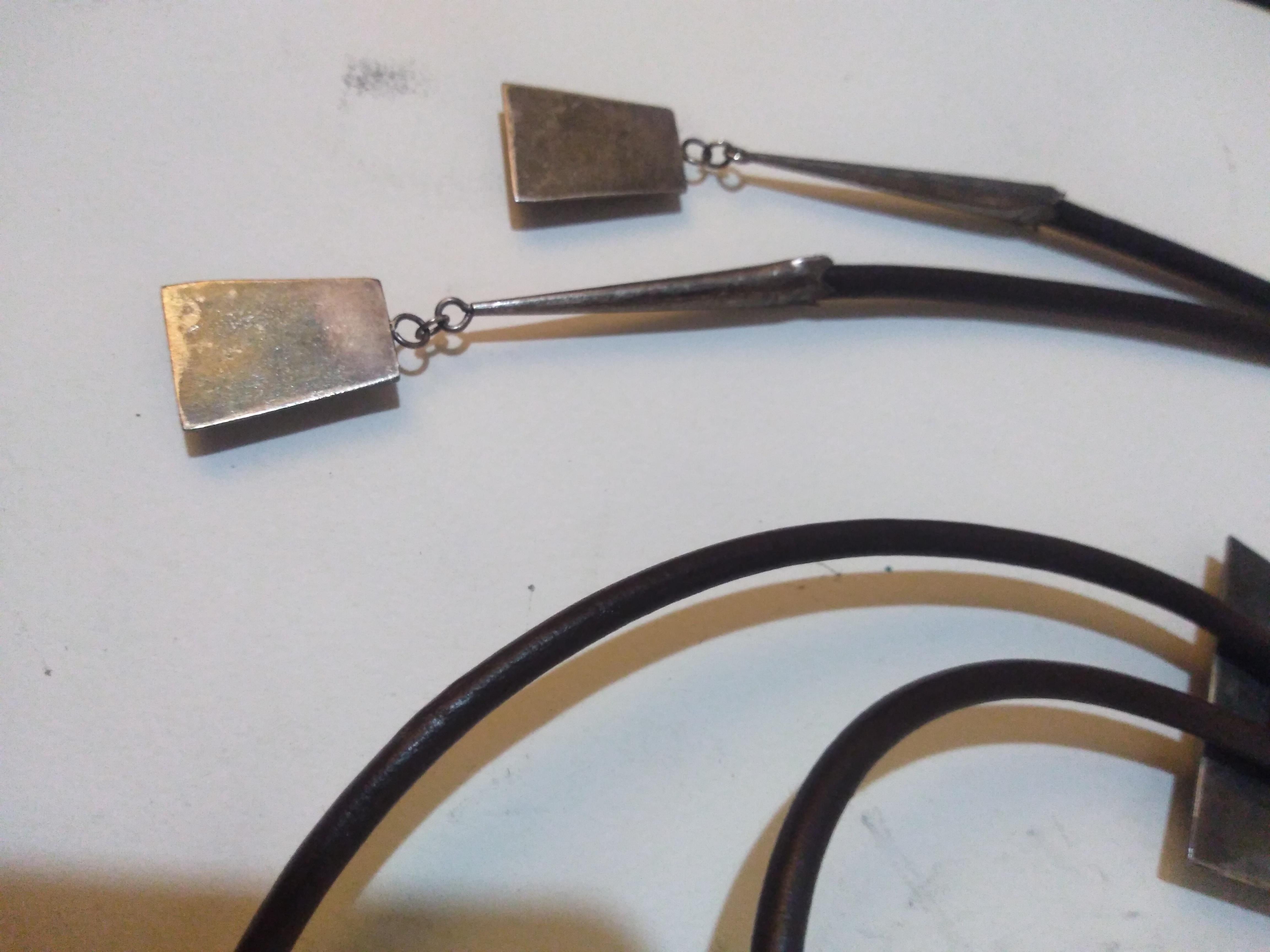 Hand-Crafted Leather, Sterling Silver and Turquoise Native American Bolo Tie For Sale