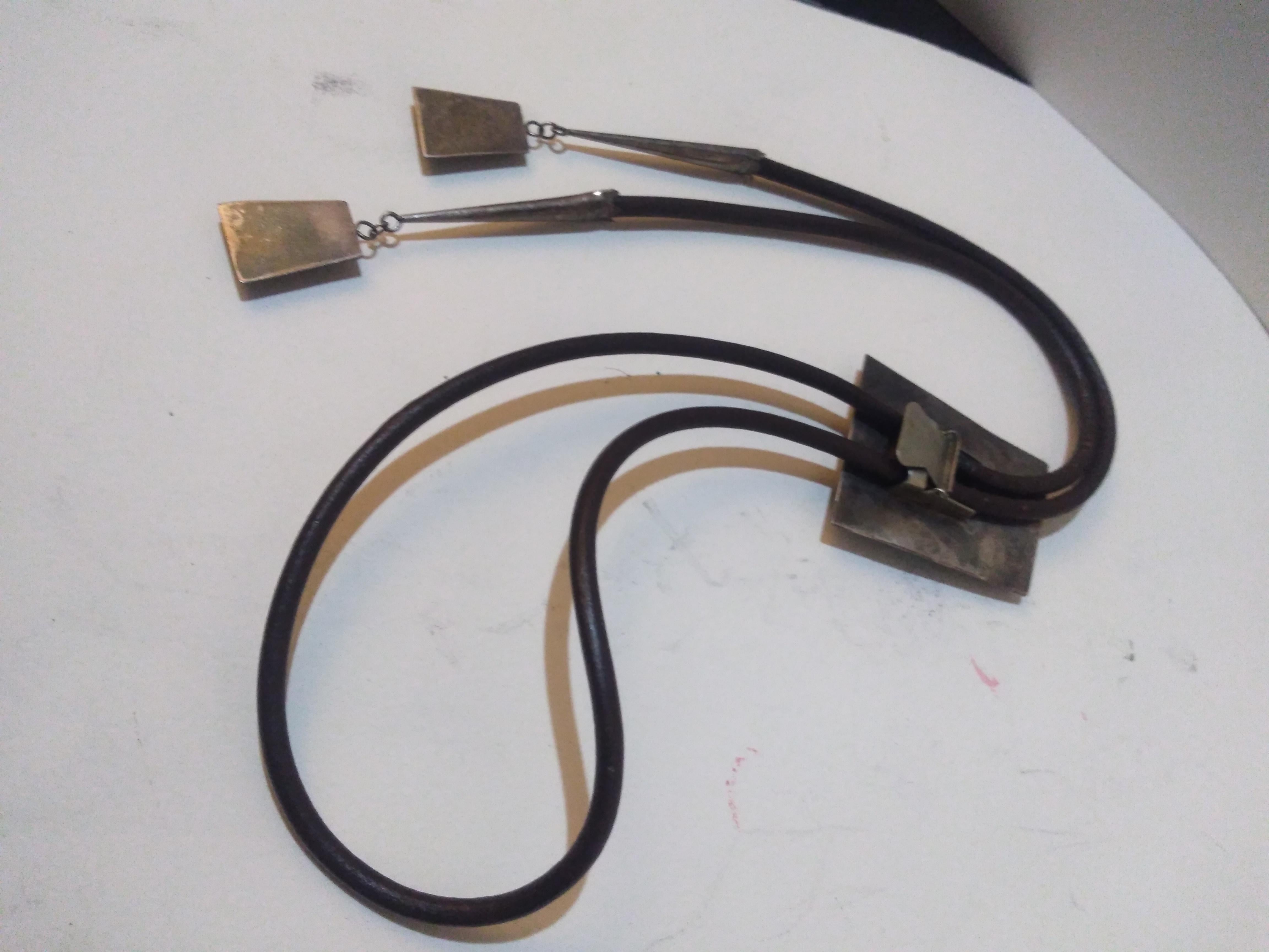 Leather, Sterling Silver and Turquoise Native American Bolo Tie In Good Condition For Sale In Pasadena, TX