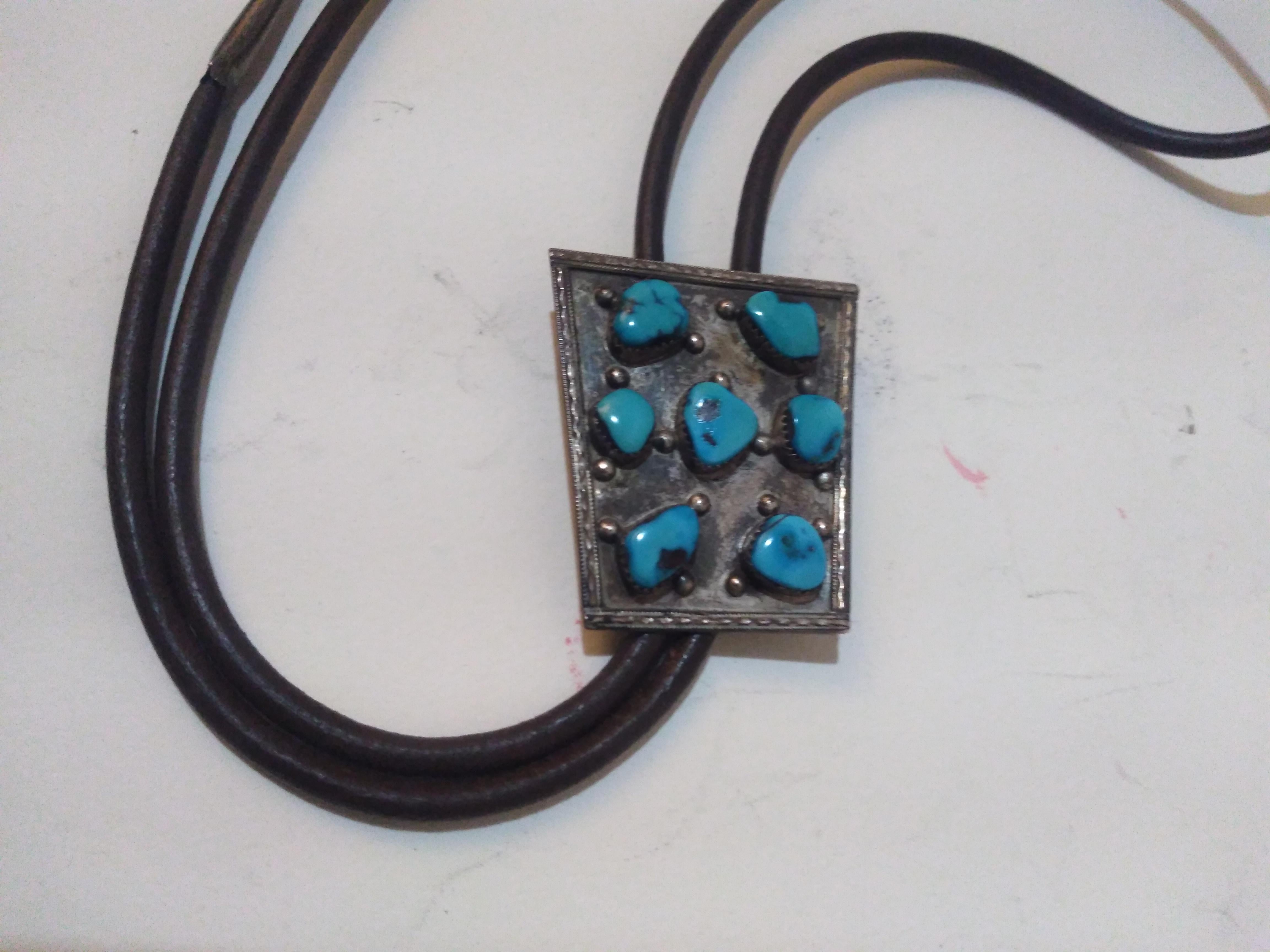 20th Century Leather, Sterling Silver and Turquoise Native American Bolo Tie For Sale