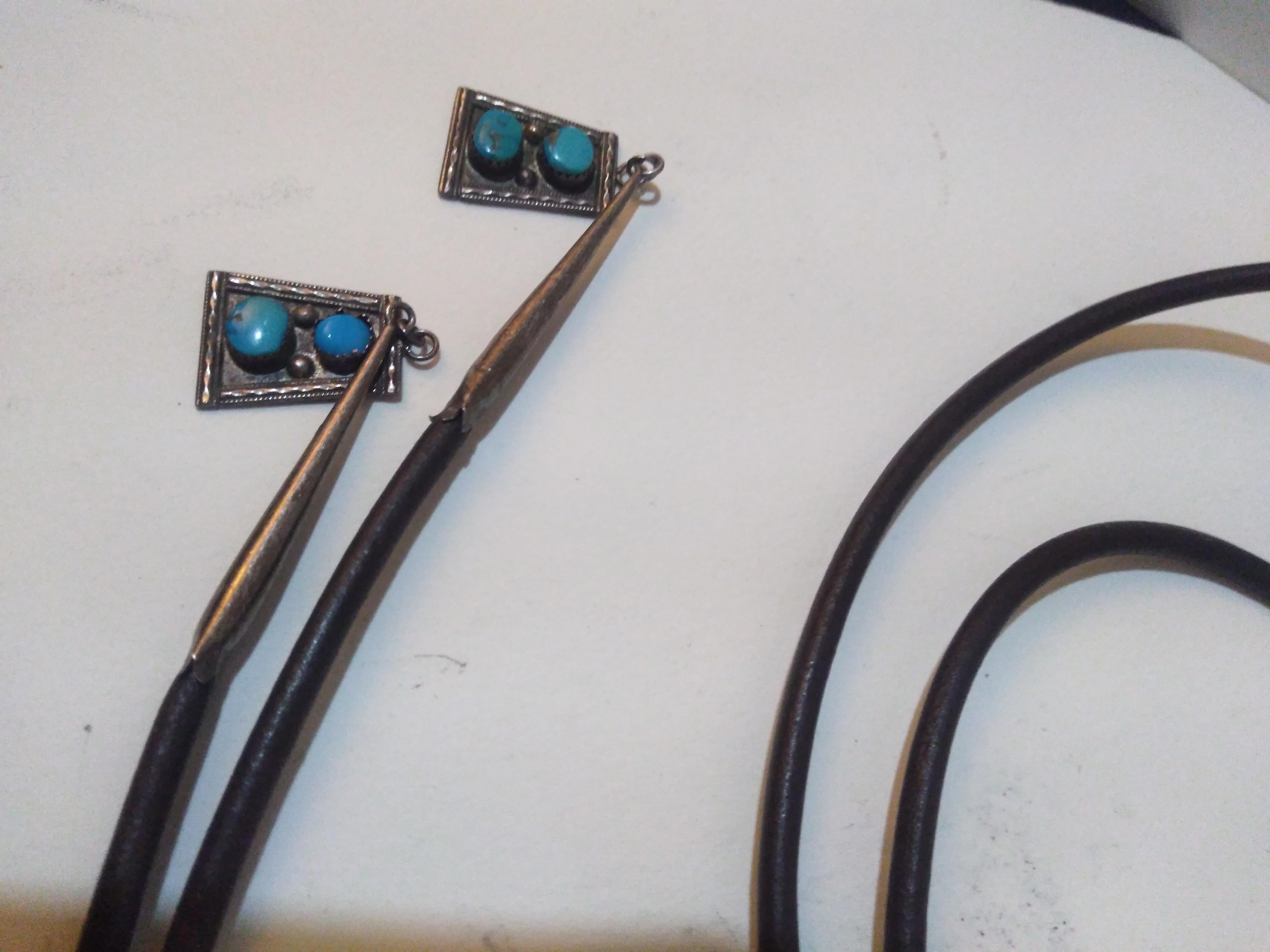 Leather, Sterling Silver and Turquoise Native American Bolo Tie For Sale 1