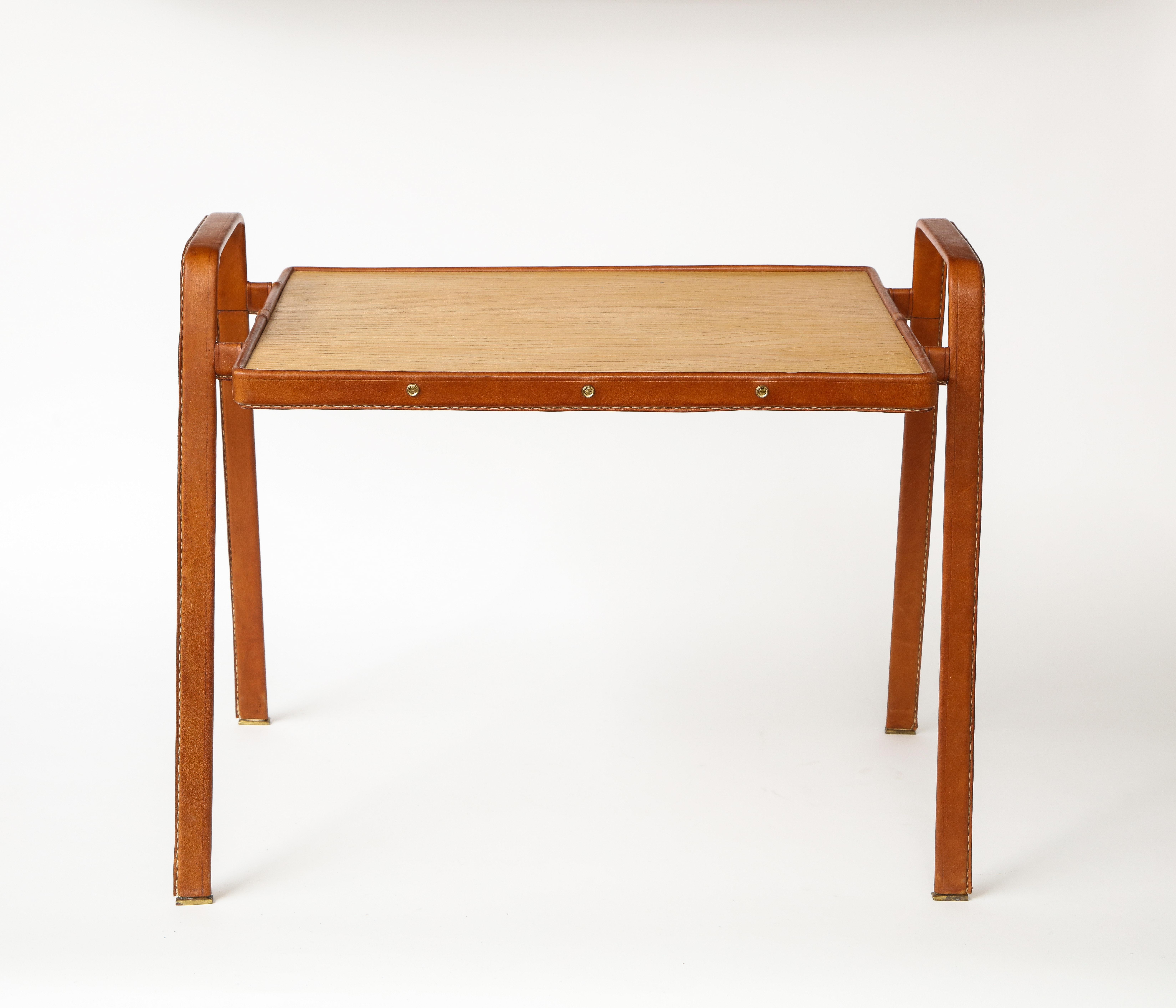 French Leather Stitched Side Table by Jacques Adnet, c. 1950 For Sale