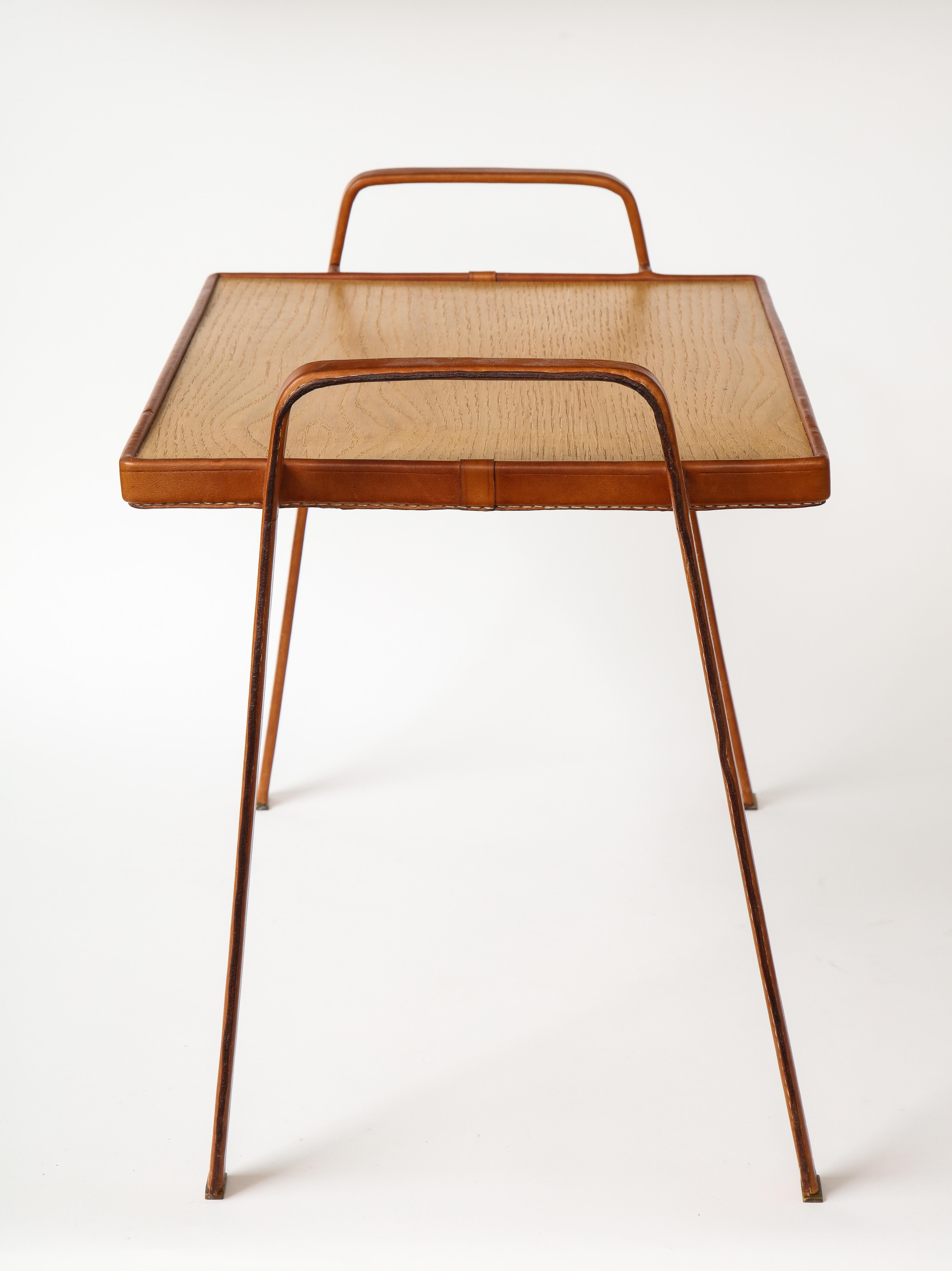Leather Stitched Side Table by Jacques Adnet, c. 1950 In Excellent Condition For Sale In New York City, NY