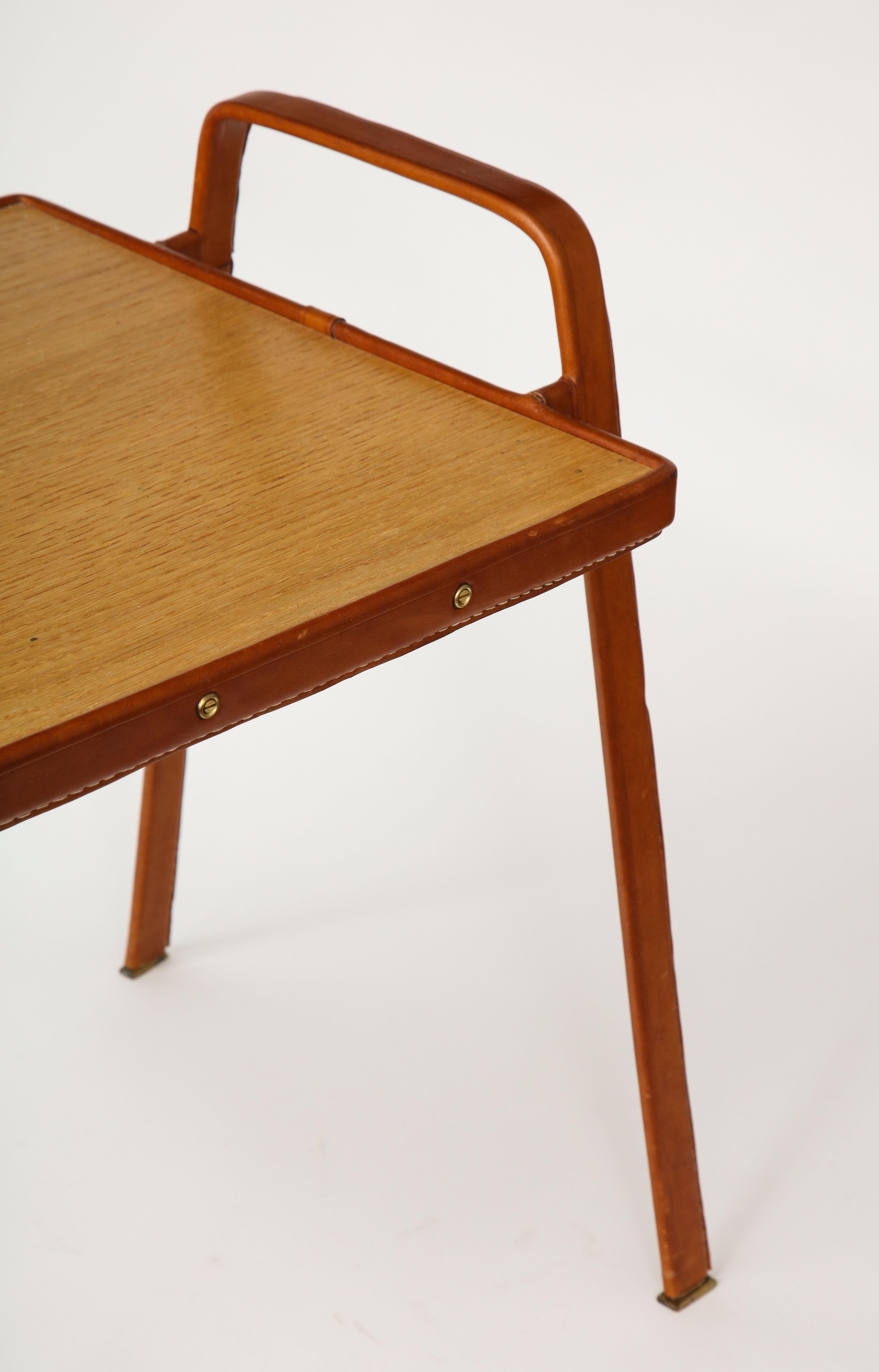 Leather Stitched Side Table by Jacques Adnet, c. 1950 For Sale 1