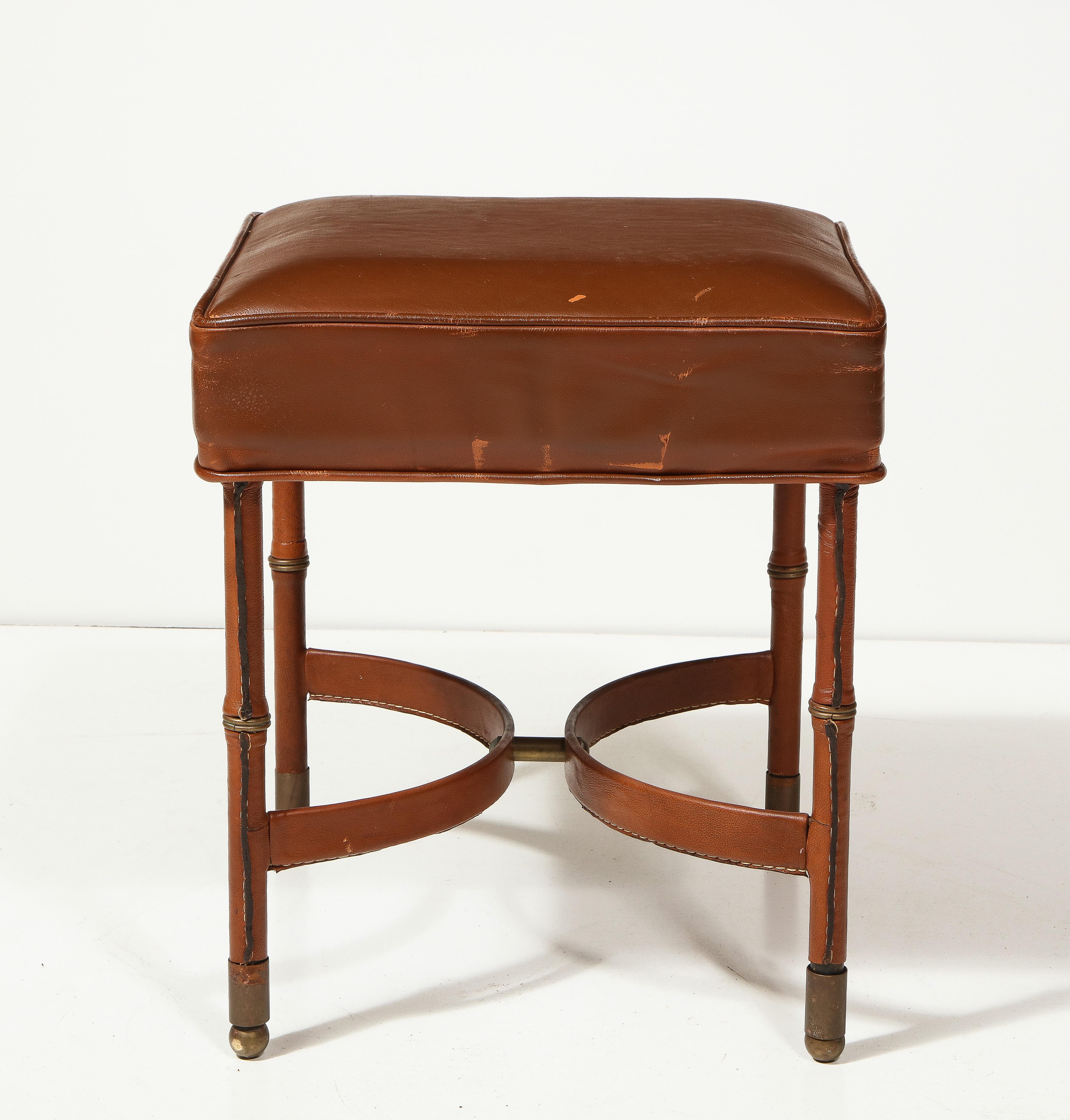 French Leather Stool with Brass Capped Feet by Jacques Adnet, France, c. 1940 For Sale