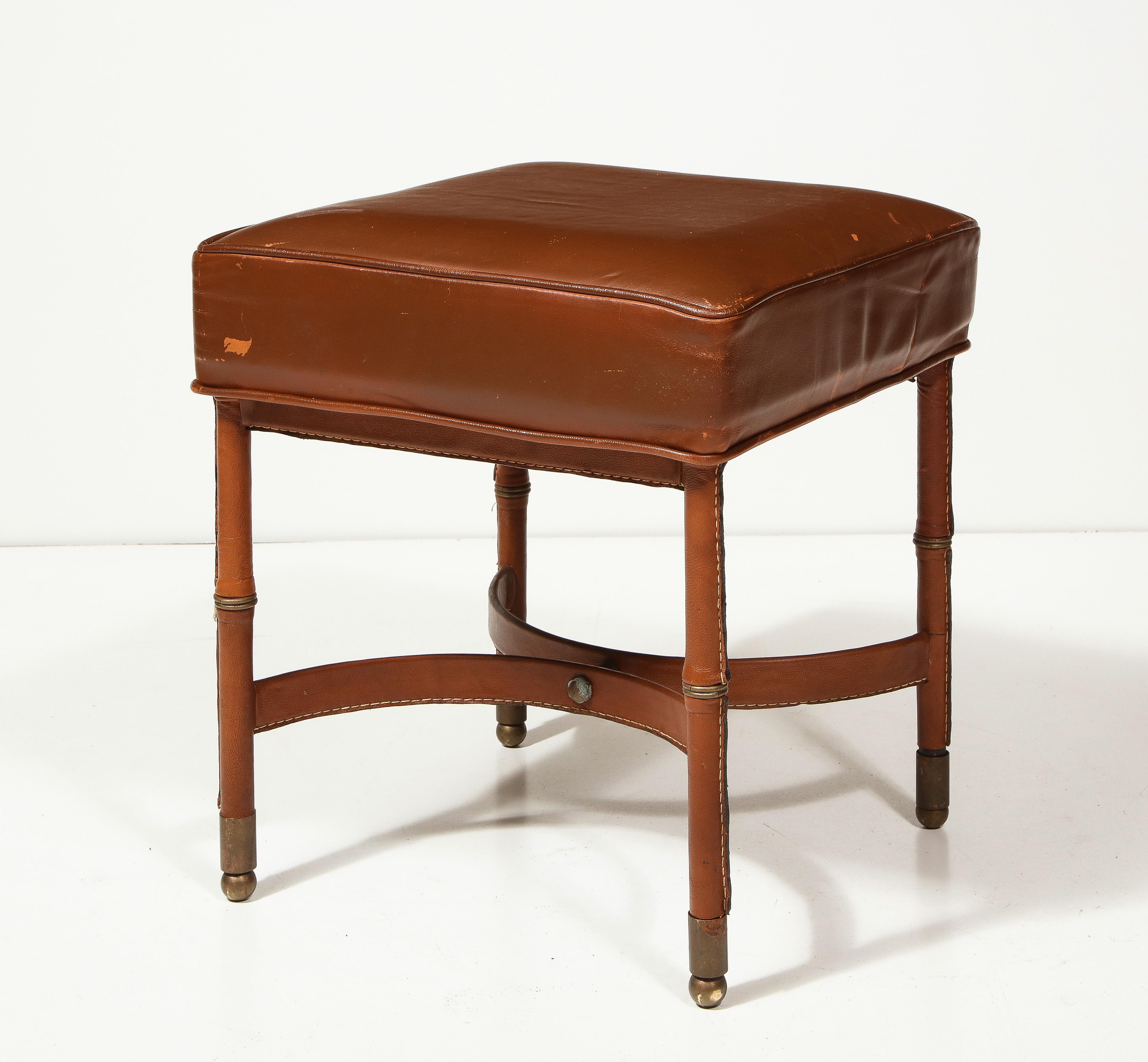 Leather Stool with Brass Capped Feet by Jacques Adnet, France, c. 1940 In Good Condition For Sale In New York City, NY