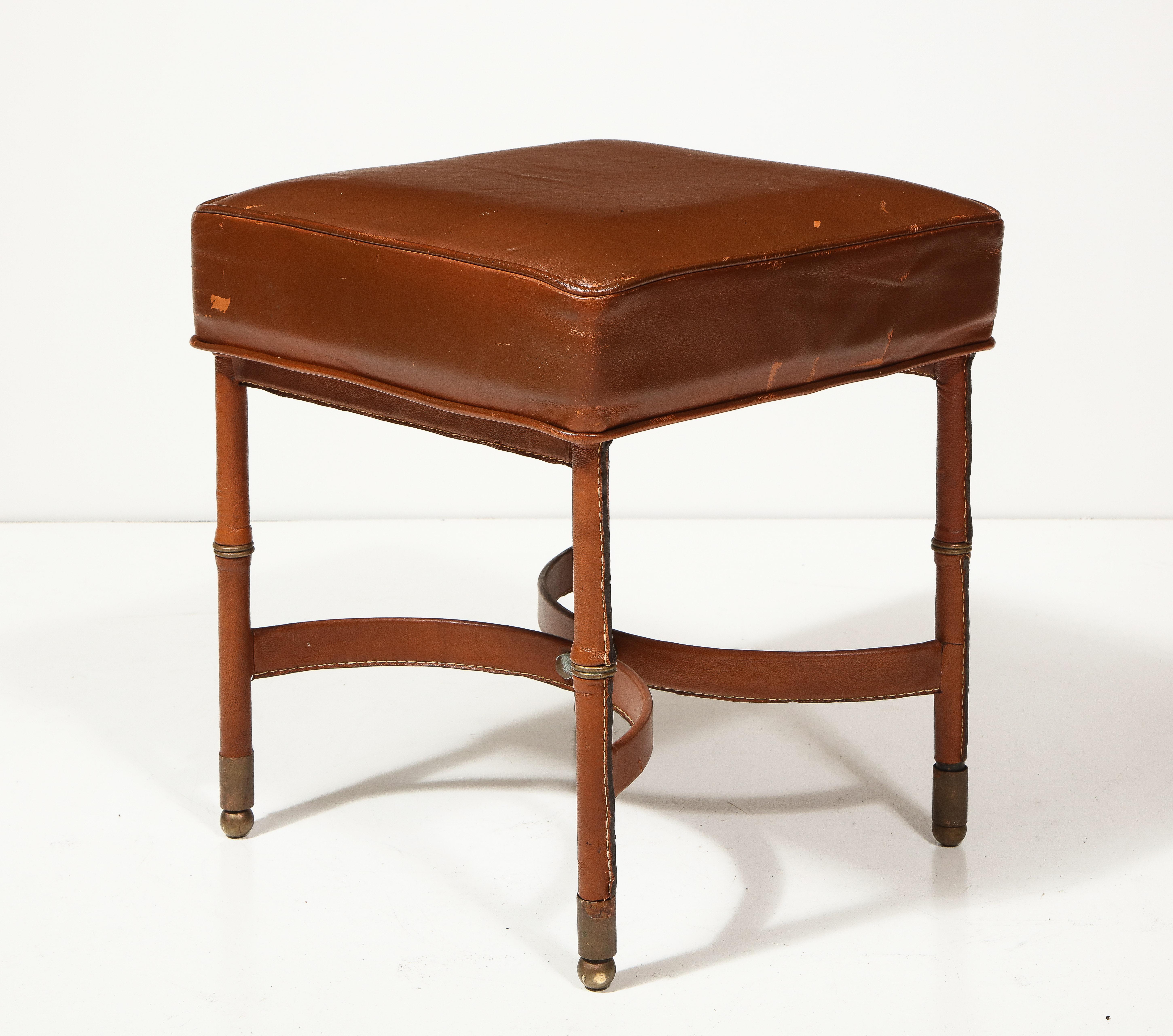 Mid-20th Century Leather Stool with Brass Capped Feet by Jacques Adnet, France, c. 1940 For Sale