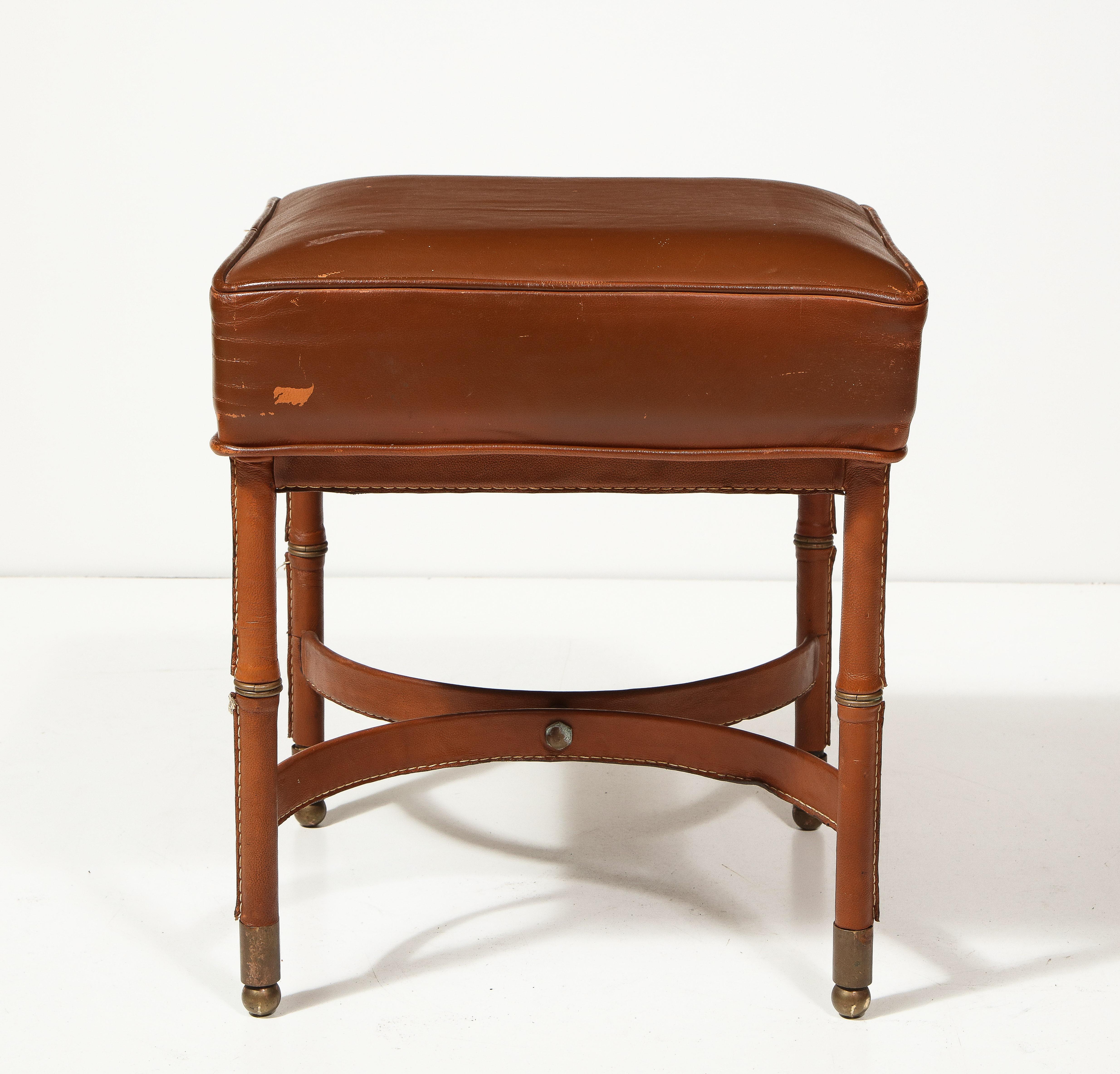 Leather Stool with Brass Capped Feet by Jacques Adnet, France, c. 1940 For Sale 1