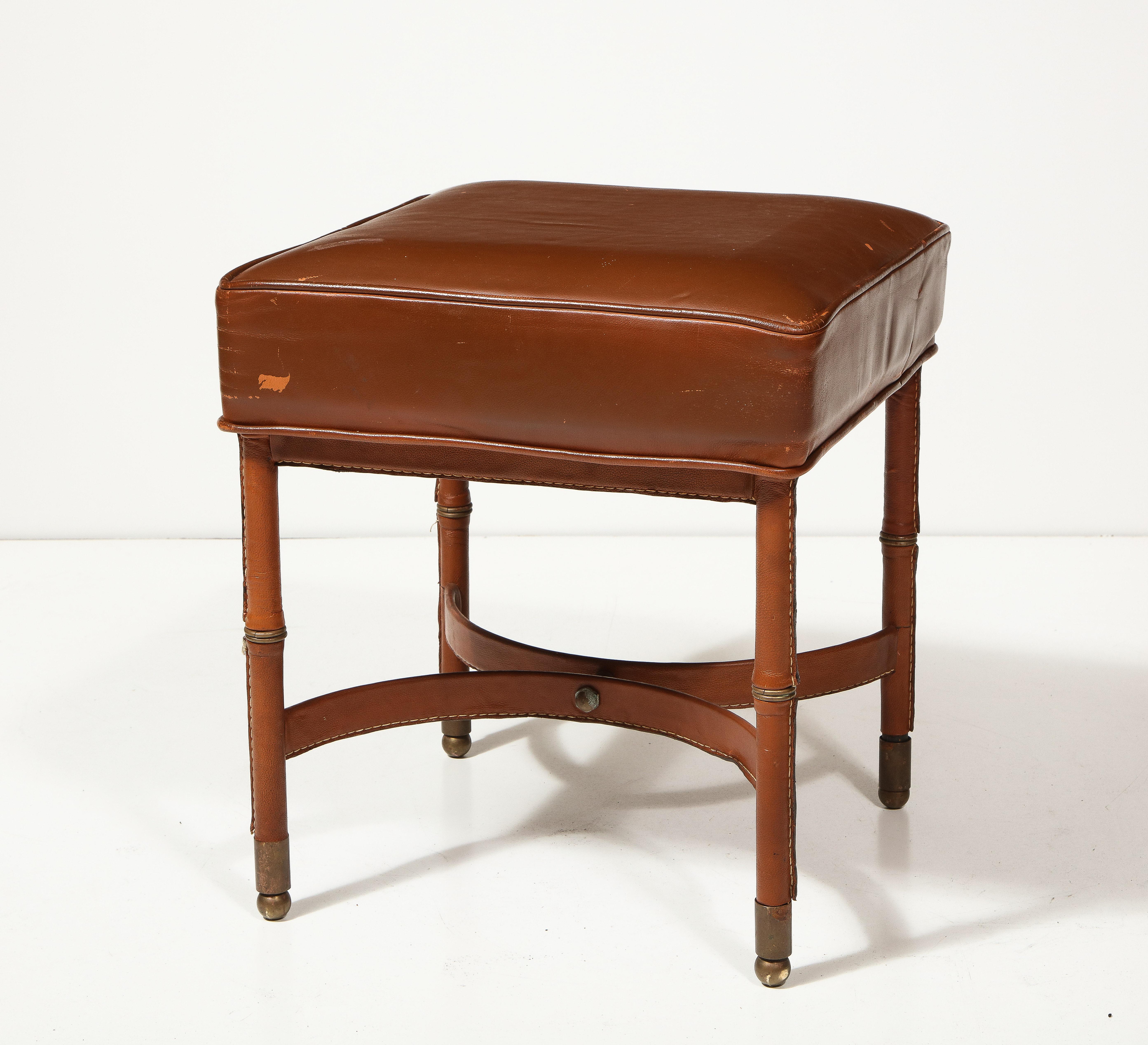Leather Stool with Brass Capped Feet by Jacques Adnet, France, c. 1940 For Sale 2