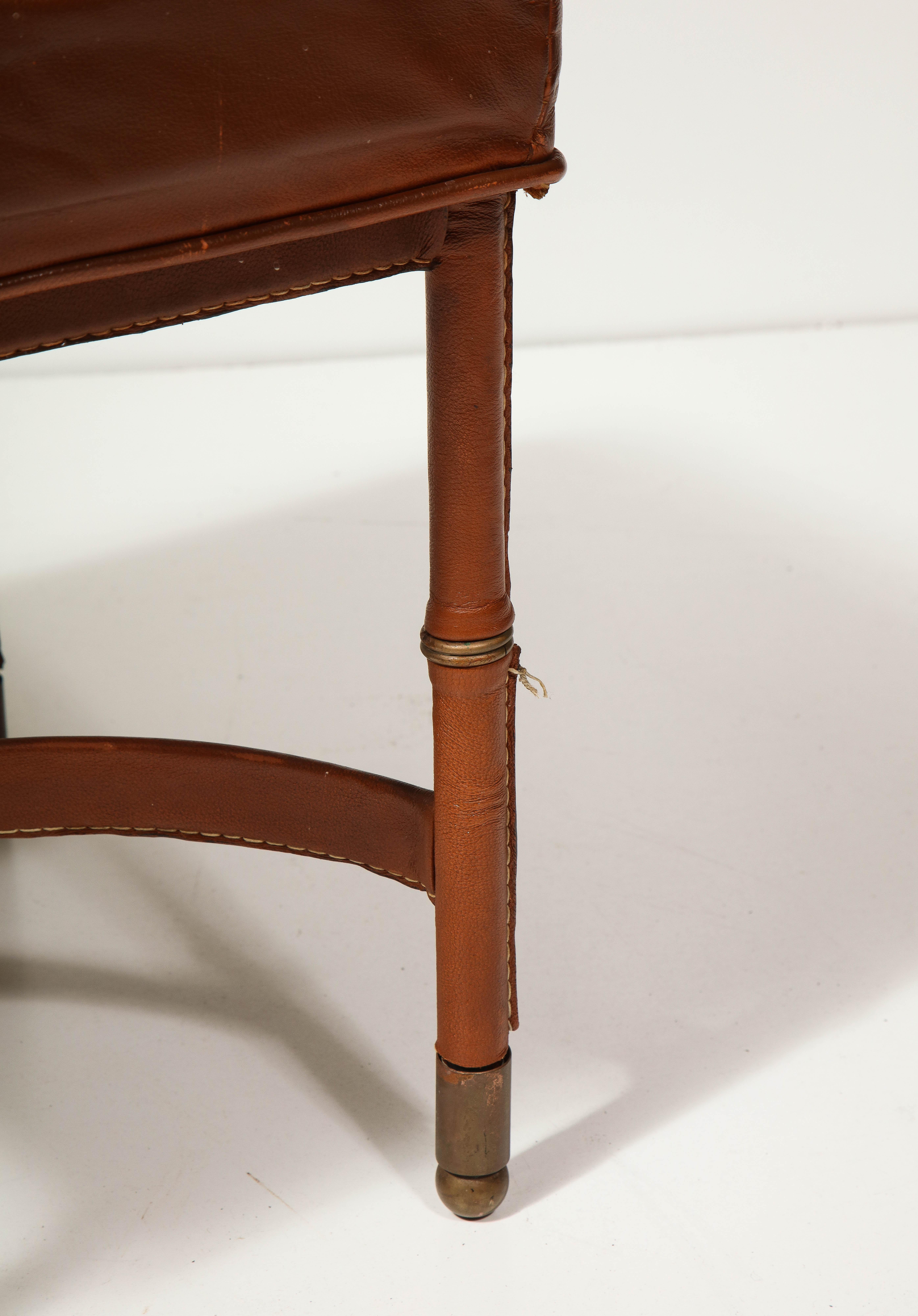 Leather Stool with Brass Capped Feet by Jacques Adnet, France, c. 1940 For Sale 3