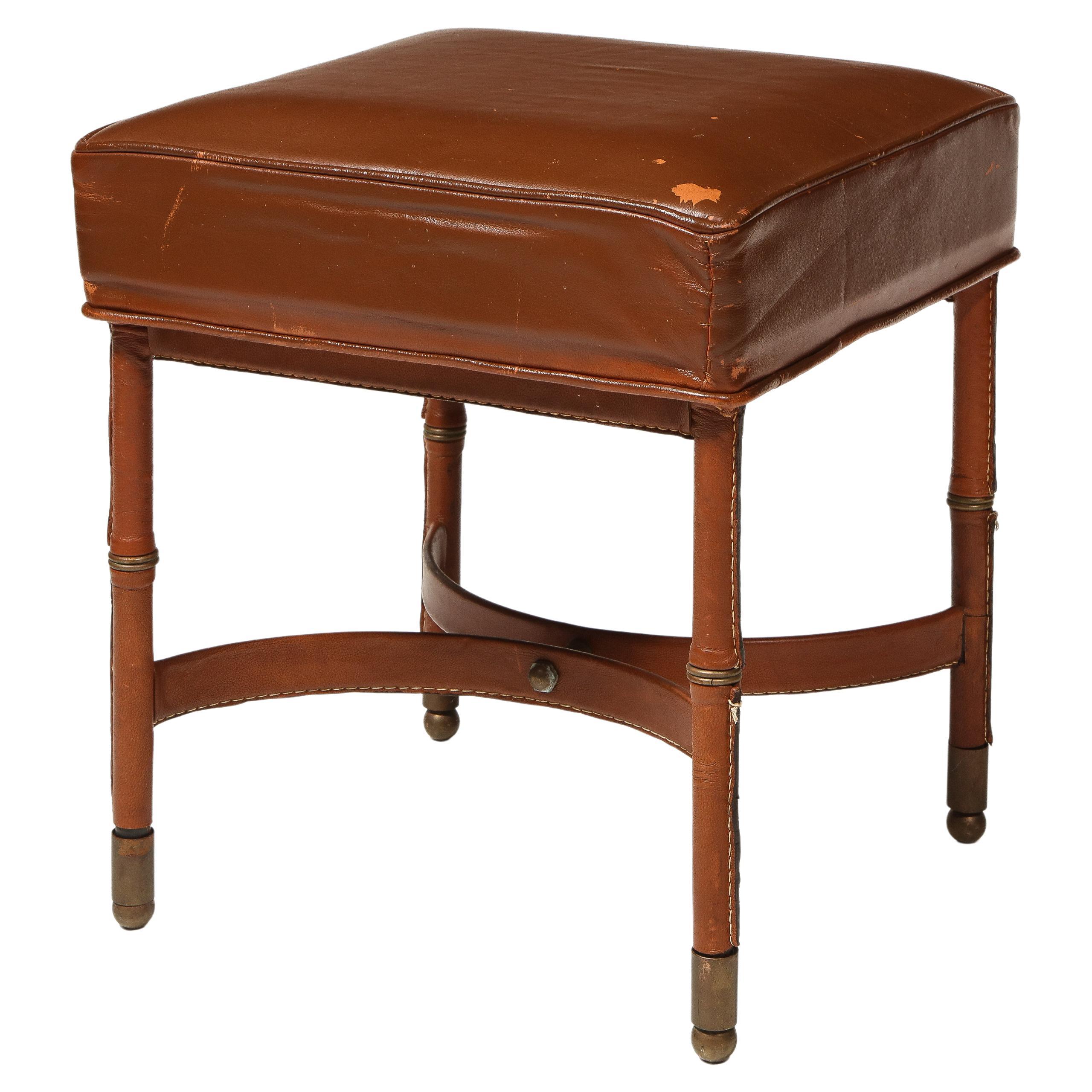 Leather Stool with Brass Capped Feet by Jacques Adnet, France, c. 1940 For Sale