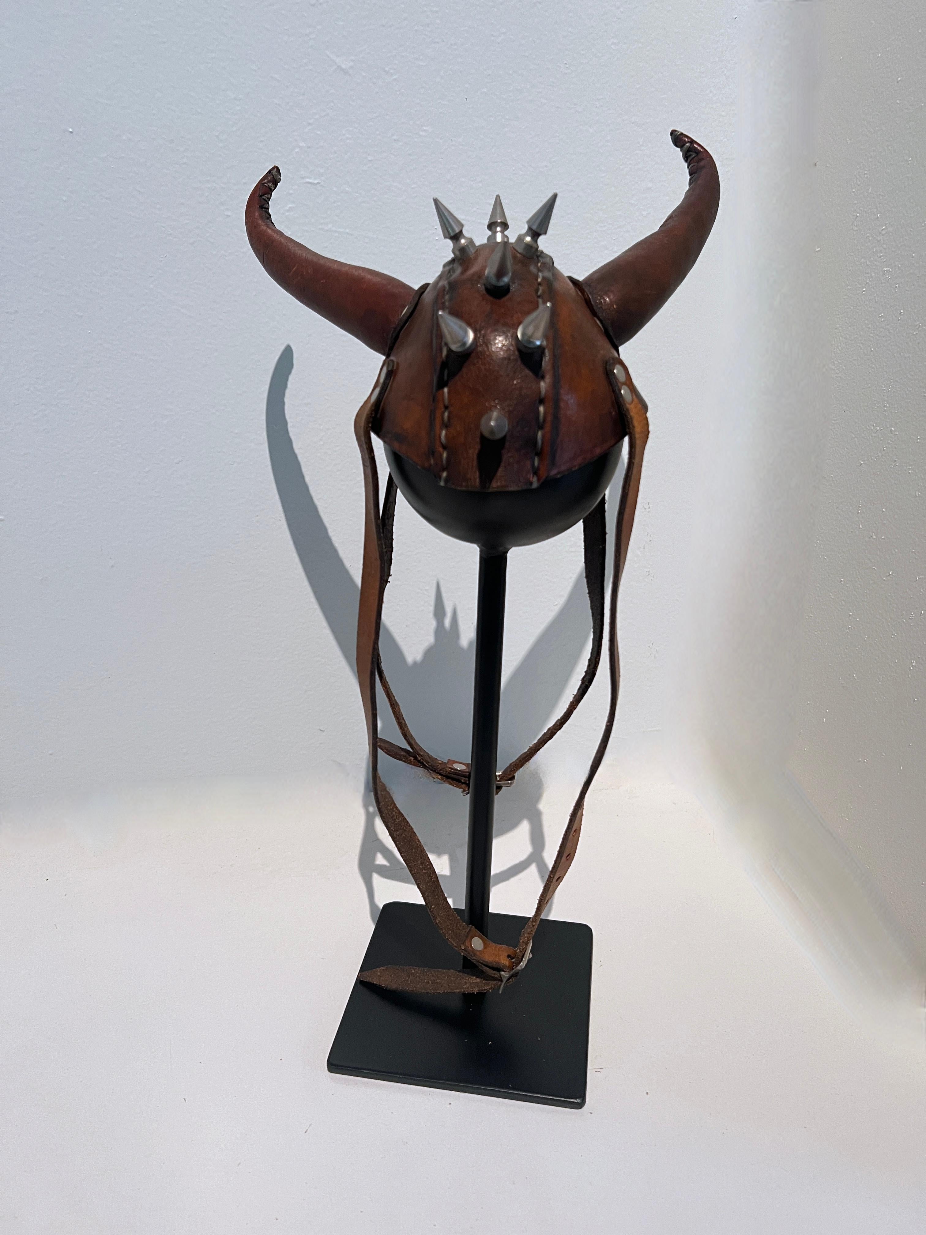 Leather Studded Helmet Mounted on Custom Iron Stand For Sale 4