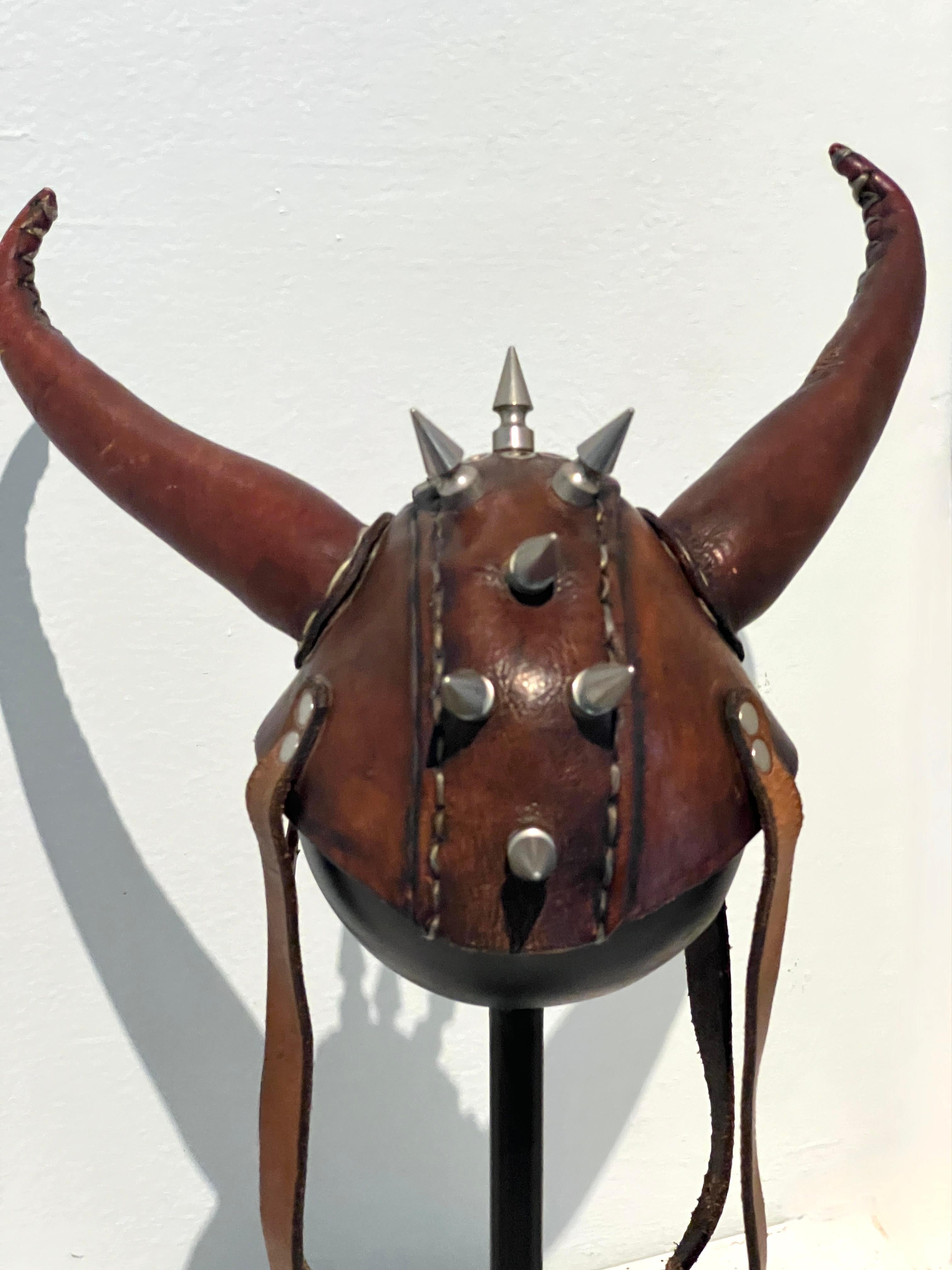 Leather Studded Helmet Mounted on Custom Iron Stand For Sale 5