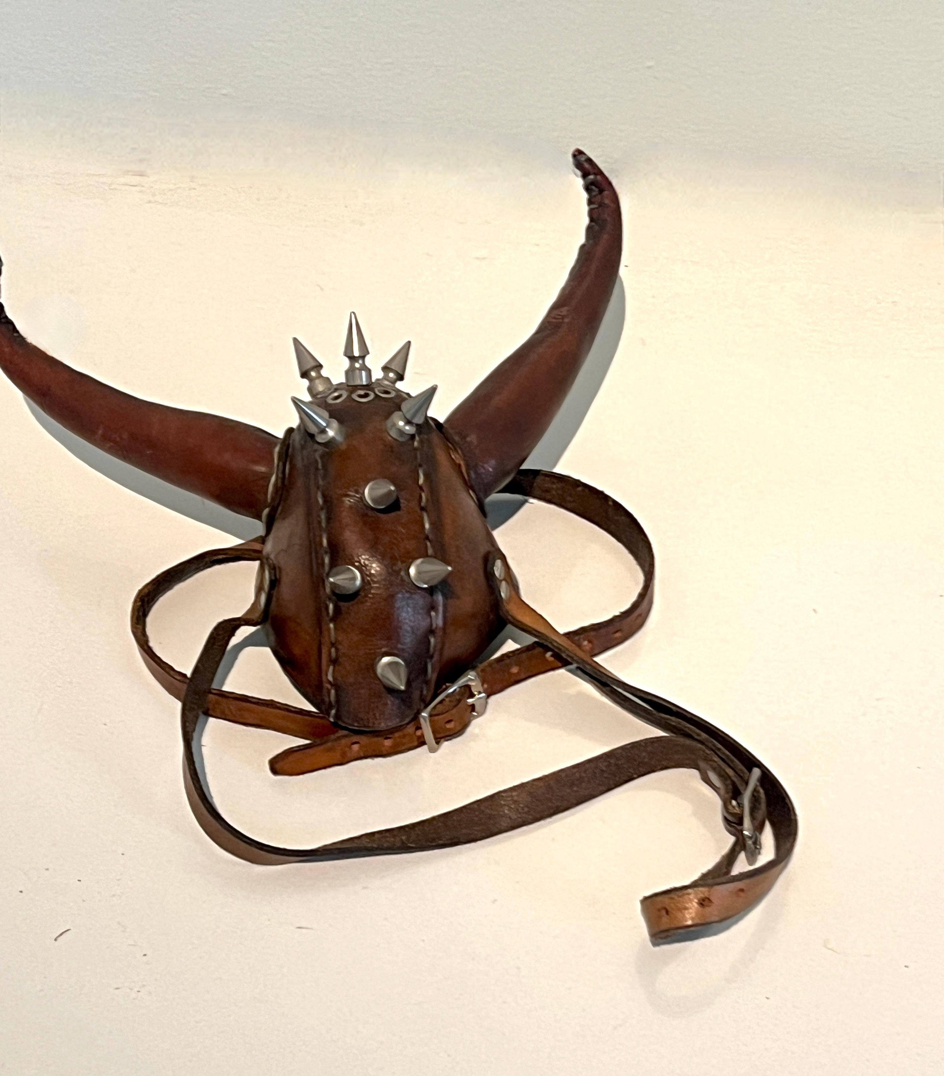 Leather Studded Helmet Mounted on Custom Iron Stand For Sale 7