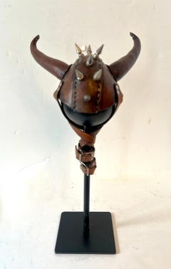 Leather Studded Helmet Mounted on Custom Iron Stand