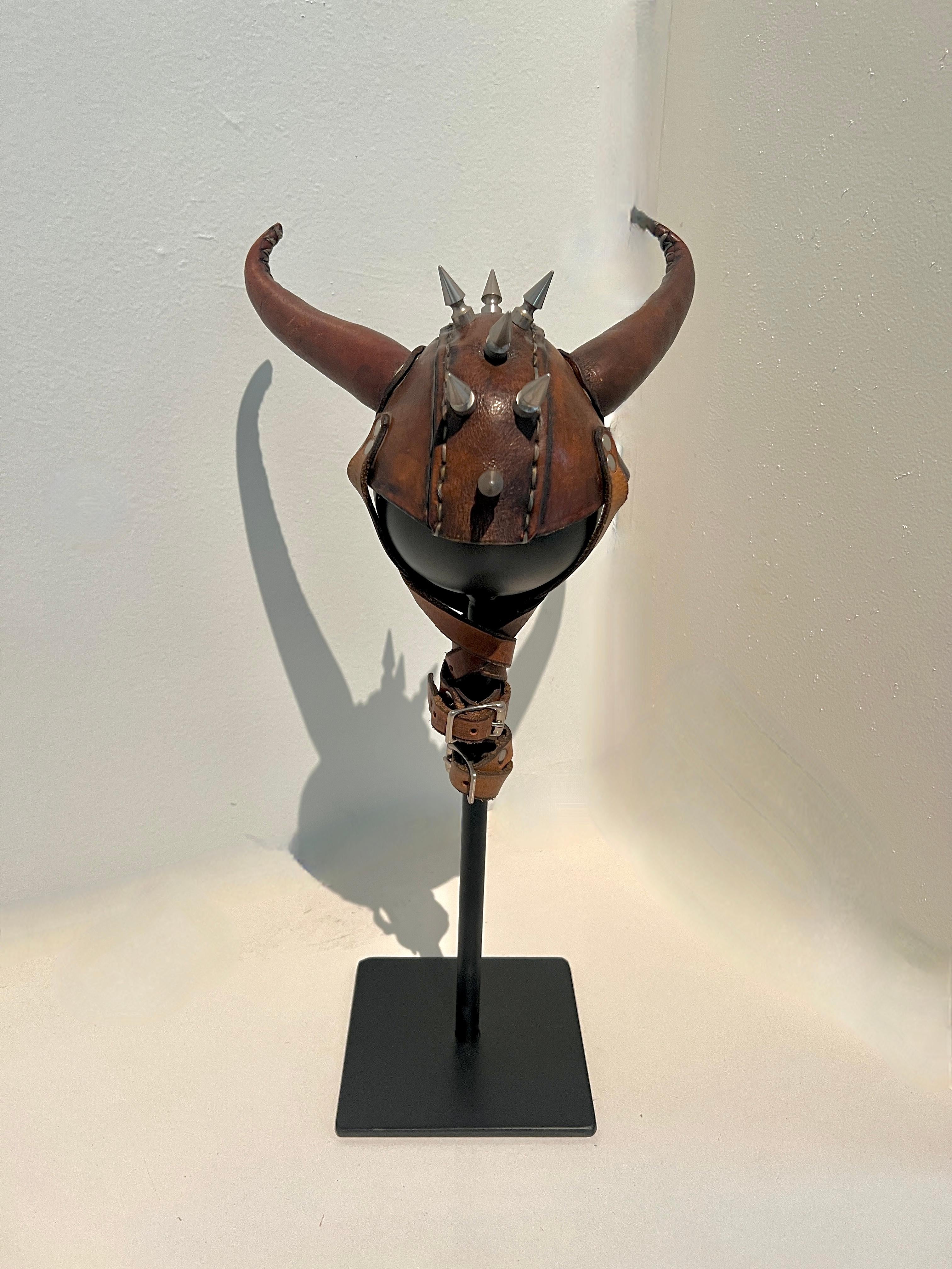 Leather Studded Helmet Mounted on Custom Iron Stand In Good Condition For Sale In Los Angeles, CA