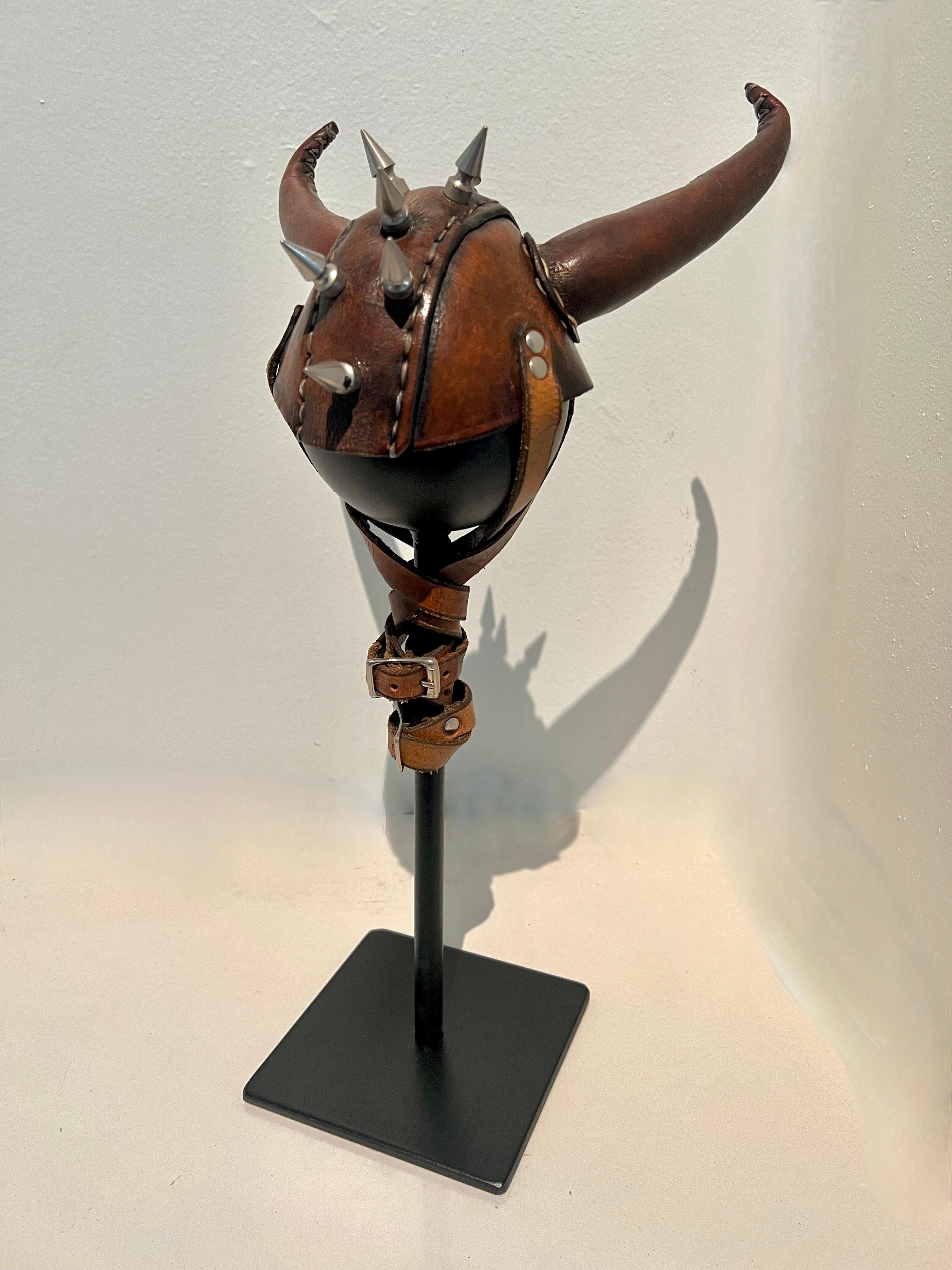 20th Century Leather Studded Helmet Mounted on Custom Iron Stand For Sale