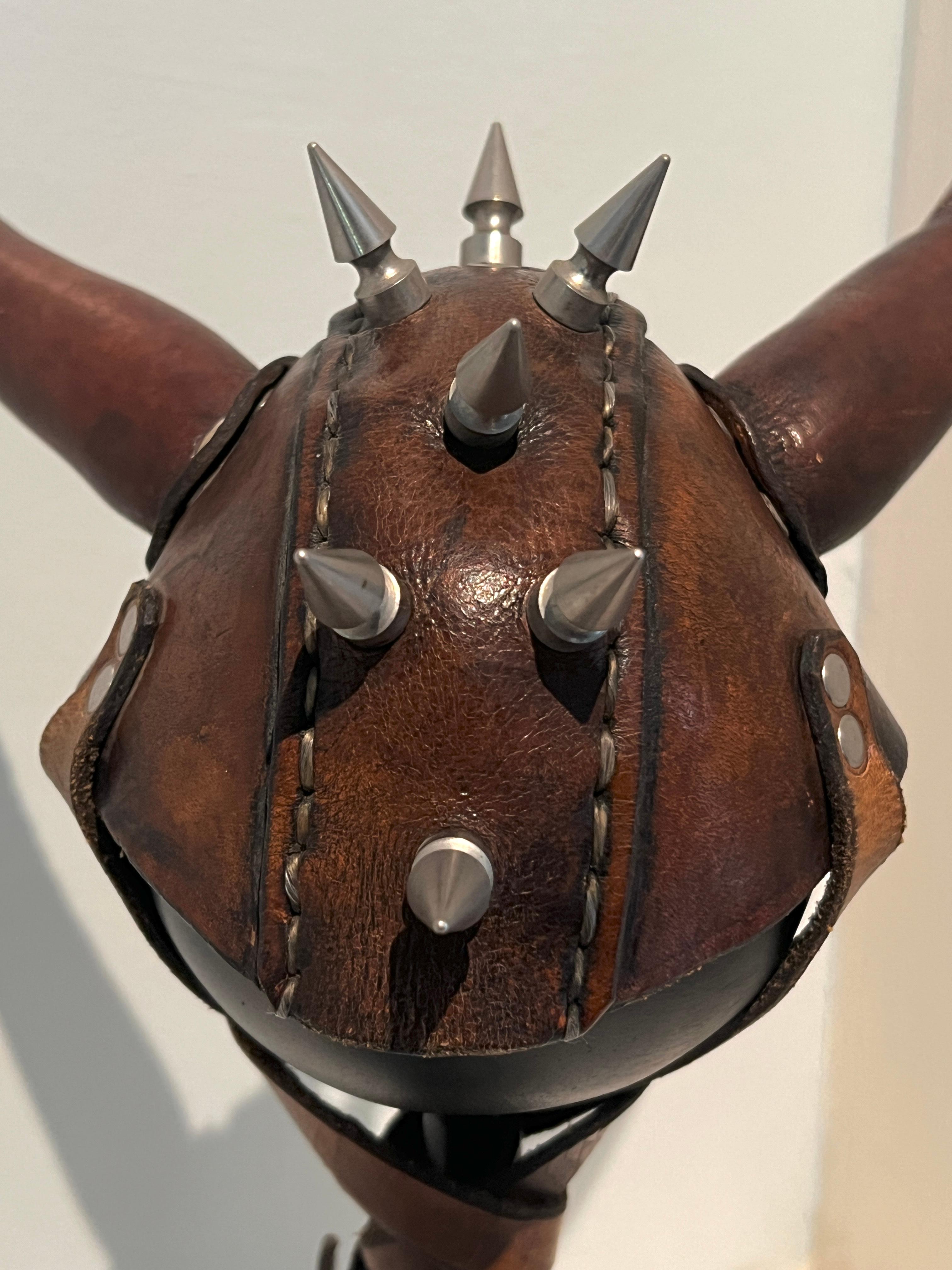 Metal Leather Studded Helmet Mounted on Custom Iron Stand For Sale