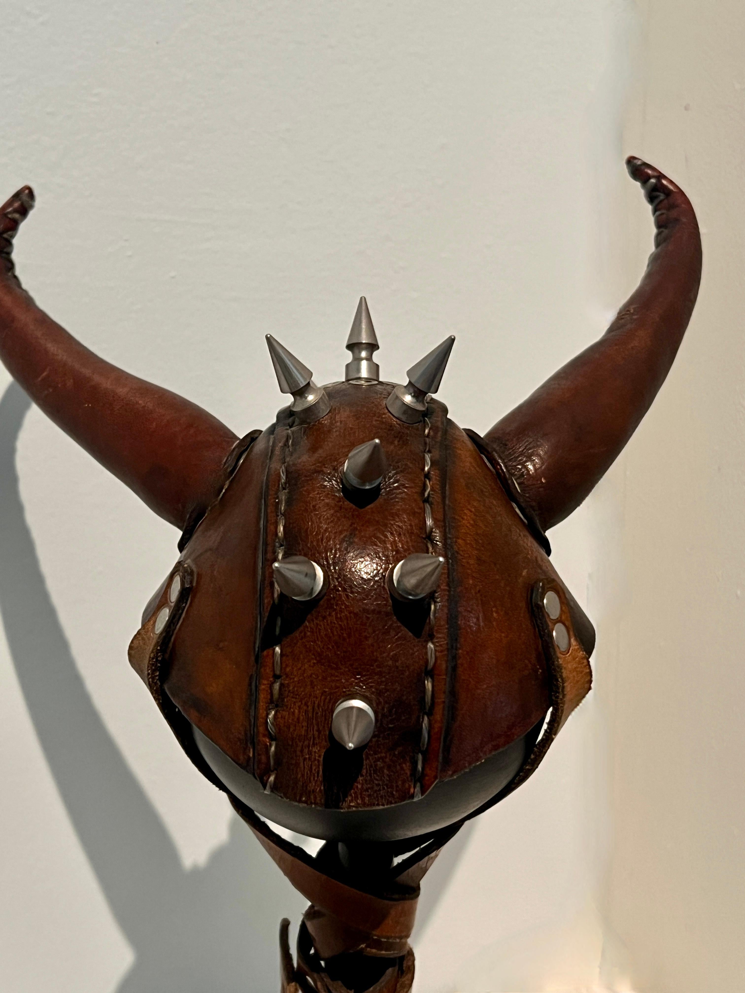 Leather Studded Helmet Mounted on Custom Iron Stand For Sale 1