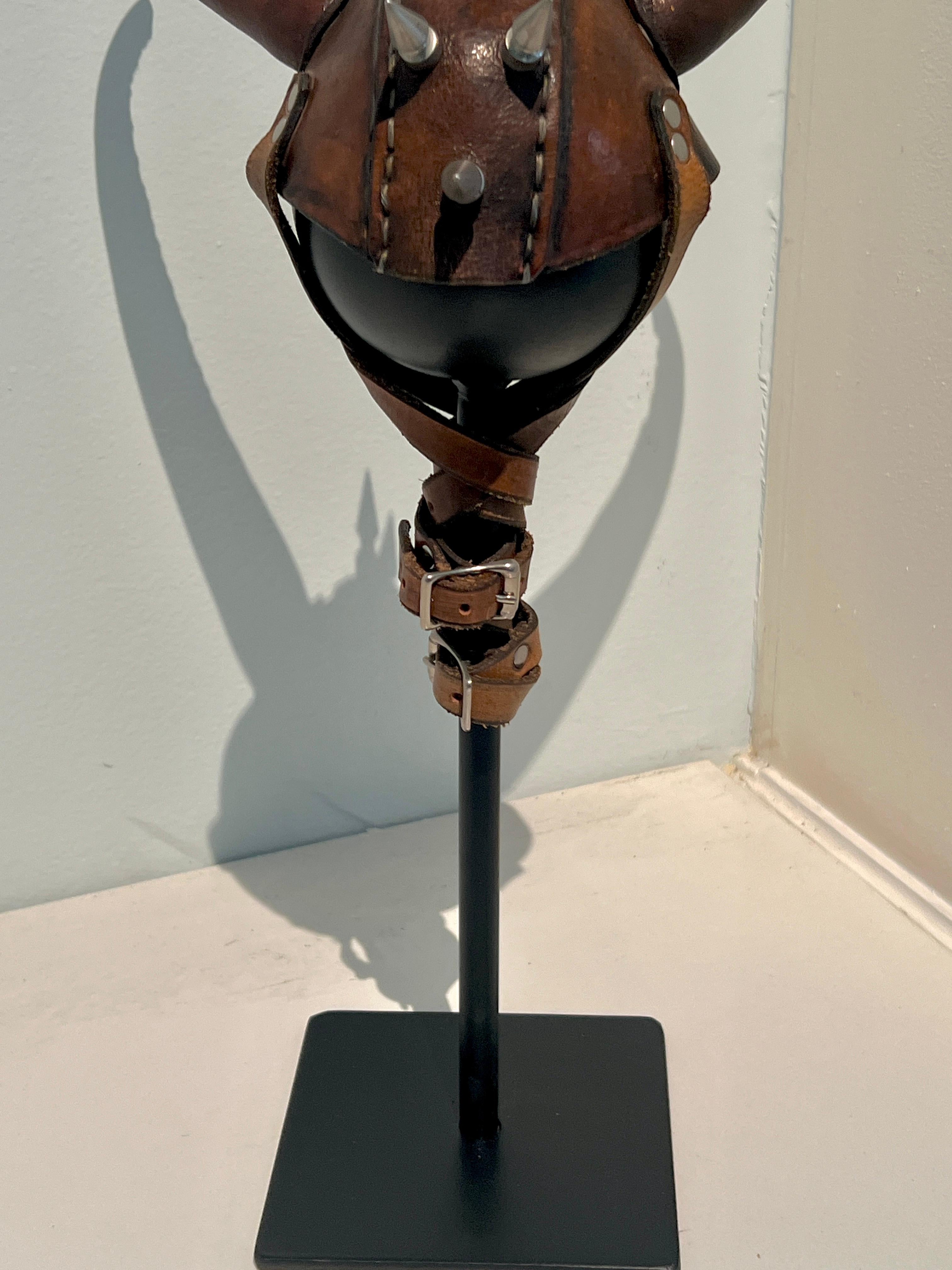 Leather Studded Helmet Mounted on Custom Iron Stand For Sale 2