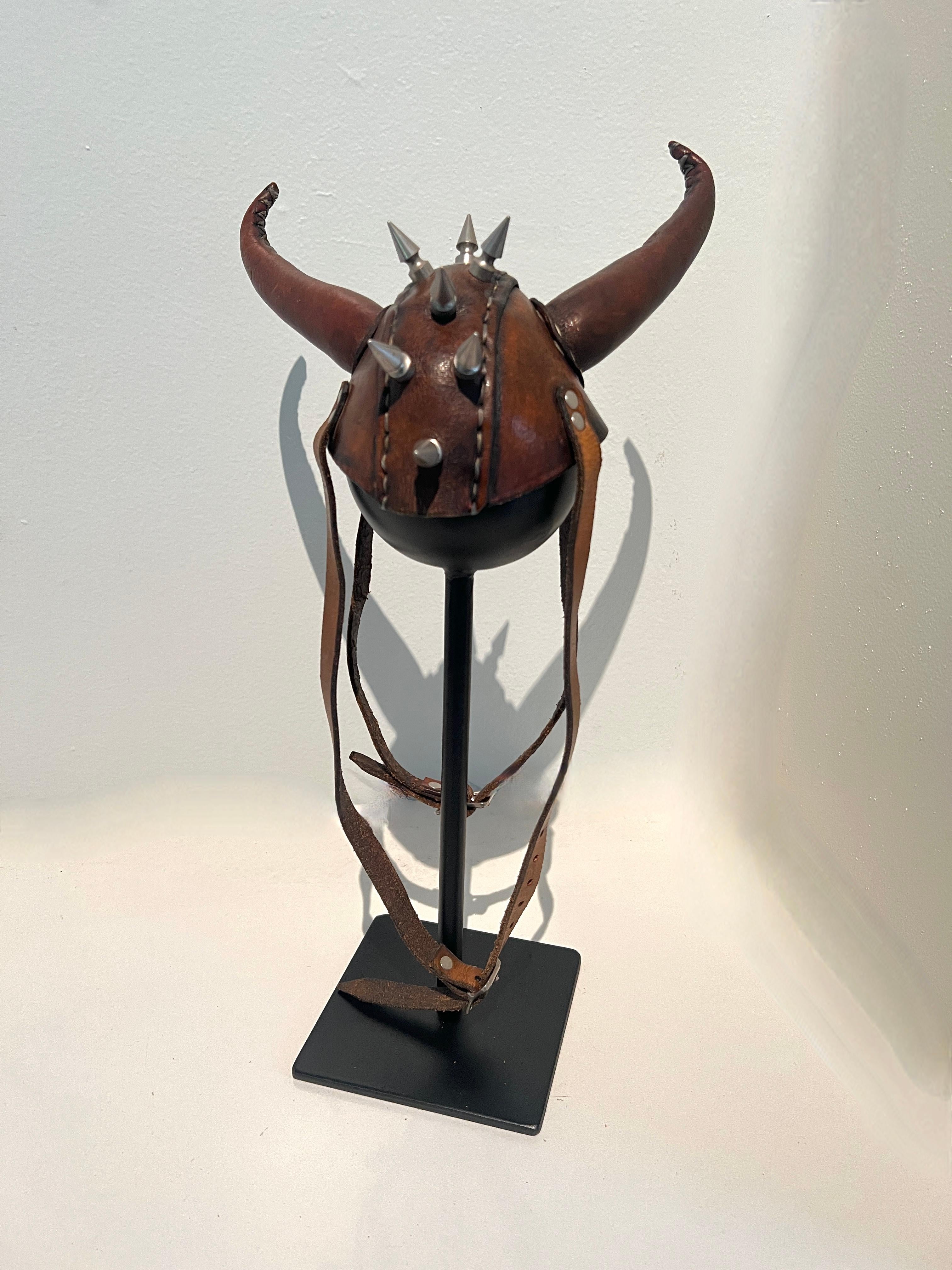 Leather Studded Helmet Mounted on Custom Iron Stand For Sale 3