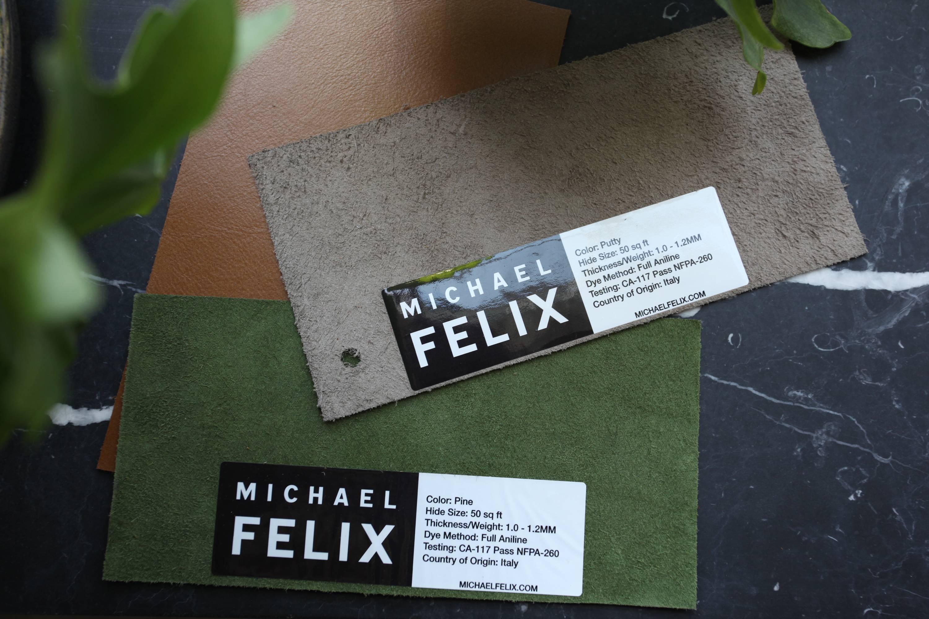 Leather options for the Michael Felix collection (7 pieces total). Swatches are approx. 3x5