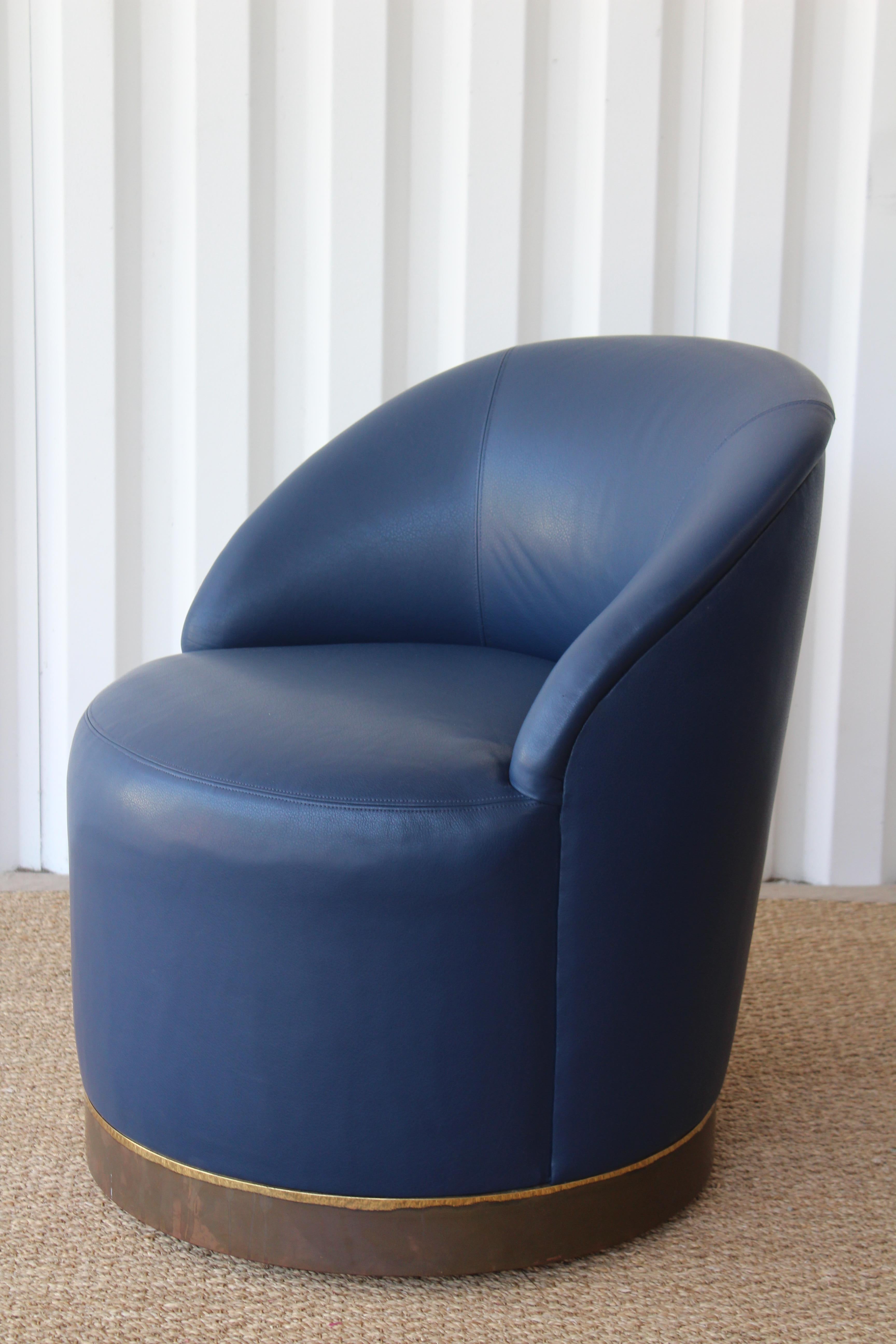 Mid-Century Modern Leather Swivel Chair by Karl Springer, U.S.A, 1970s, Pair Available.