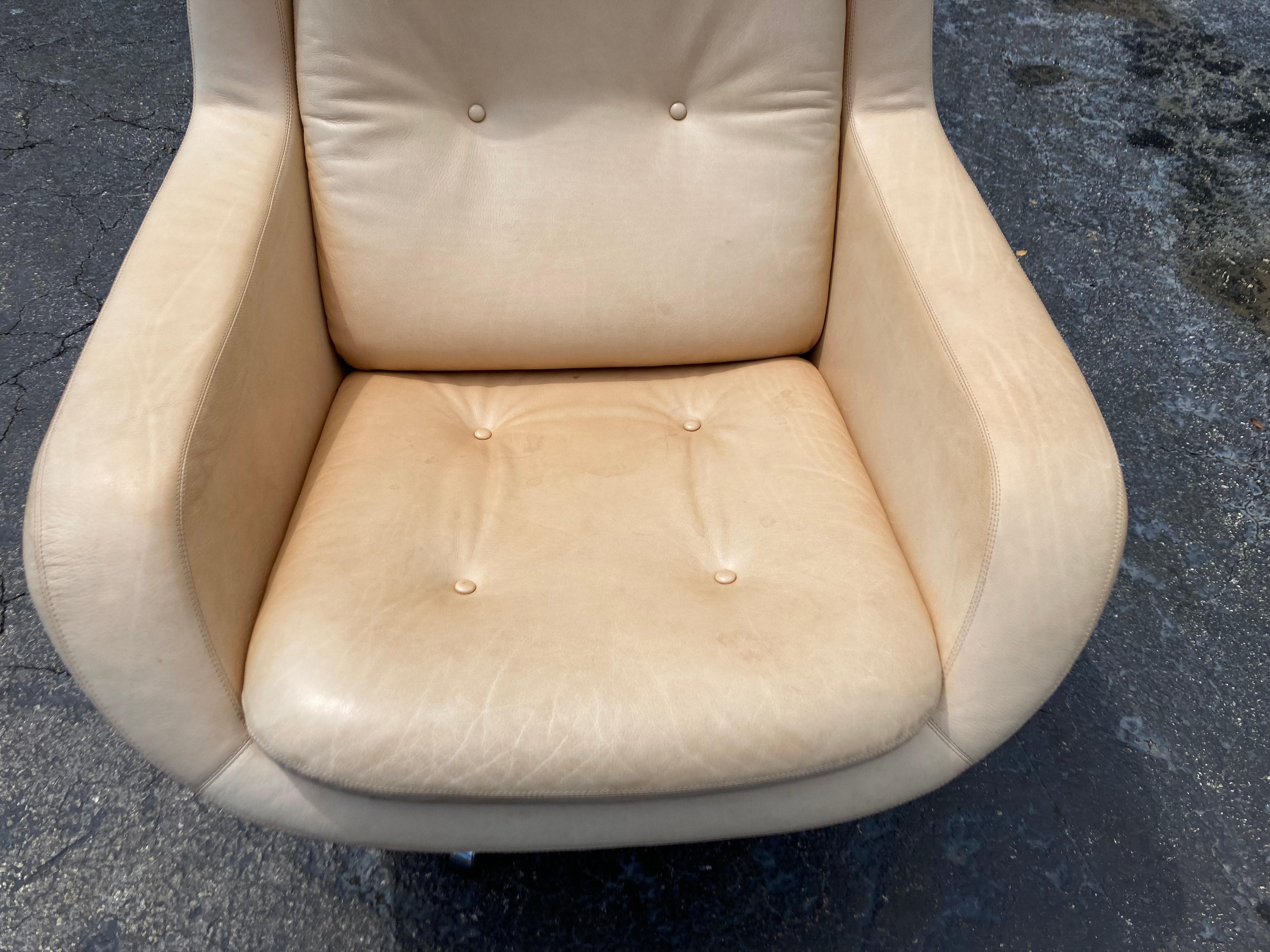 Contemporary Leather Swivel Lounge Chair, Mid Century Modern Style For Sale