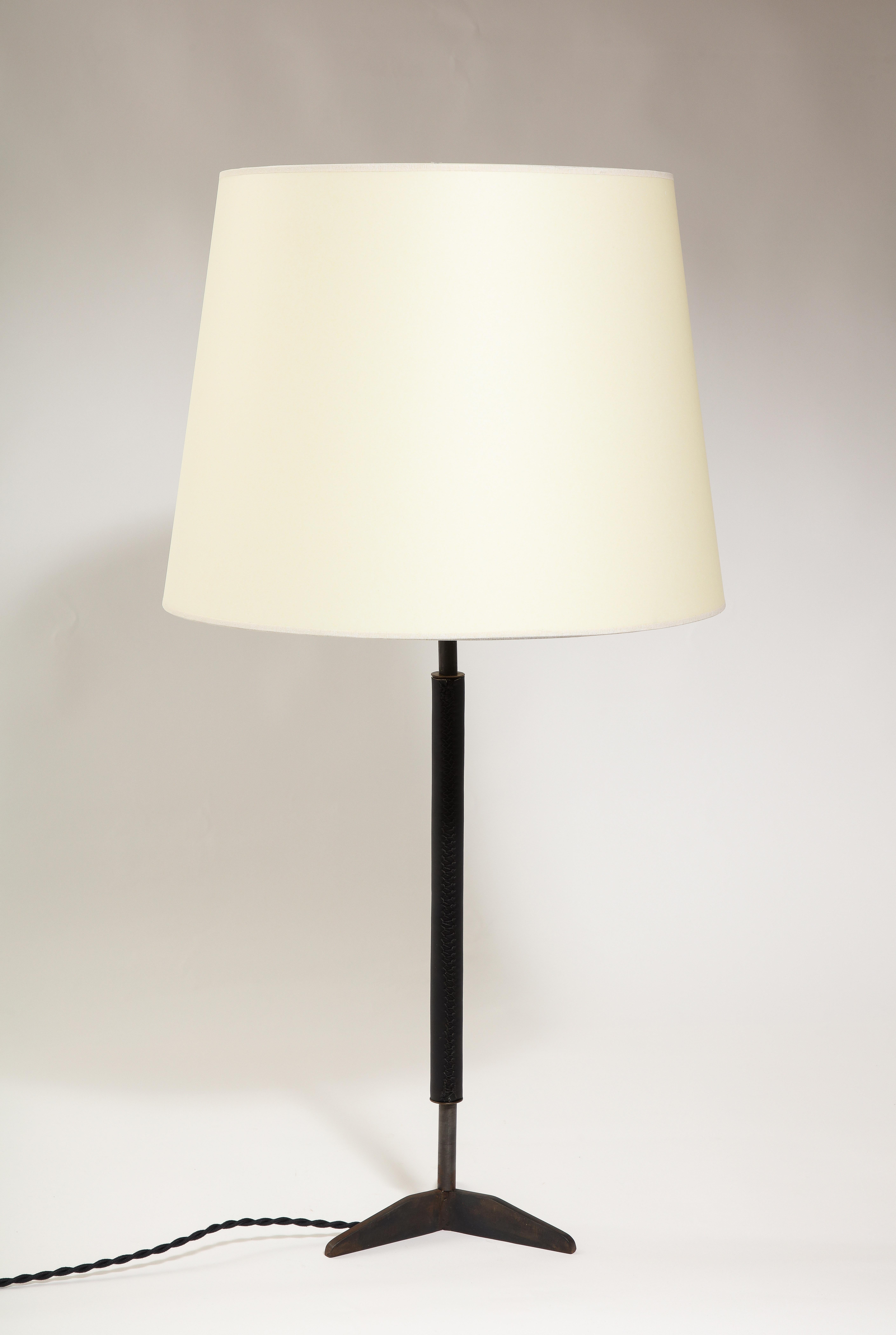 Mid-Century Modern Blackened Steel & Leather Table Lamp, France 1950 For Sale