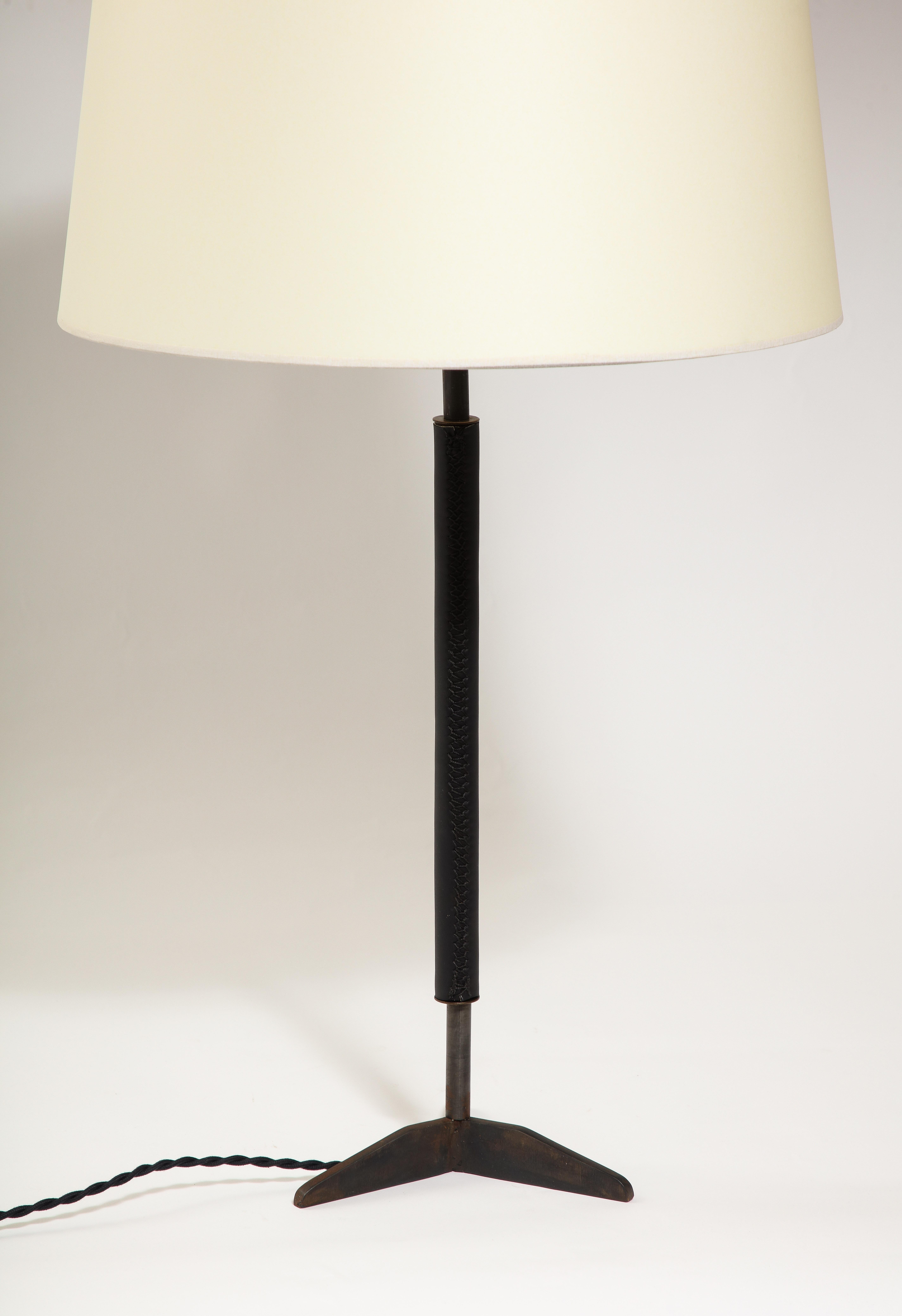 French Blackened Steel & Leather Table Lamp, France 1950 For Sale
