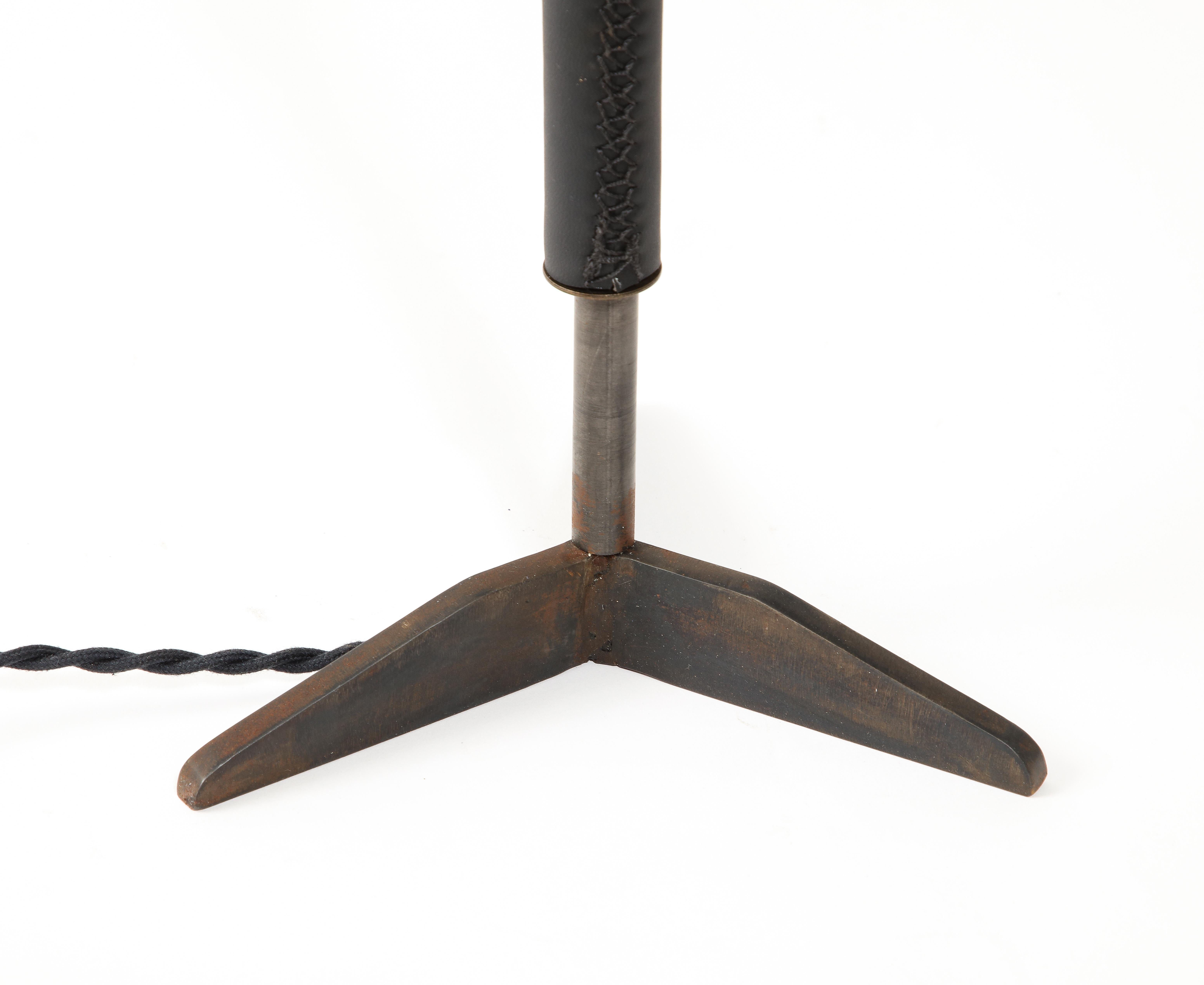 Blackened Steel & Leather Table Lamp, France 1950 For Sale 1