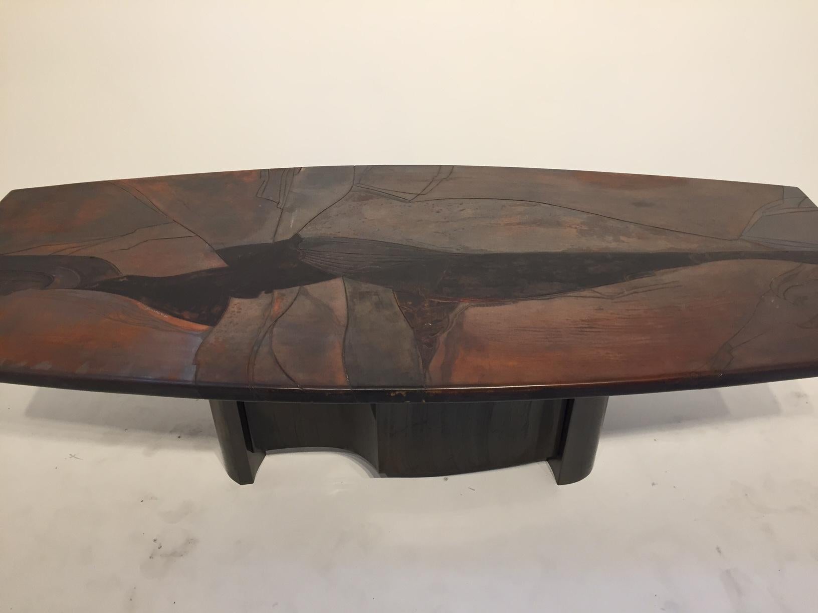 Rare and exceptional Leather dining table or desk with metal feet by Armand Jonckers.
Only 3 tables with that composition exist.