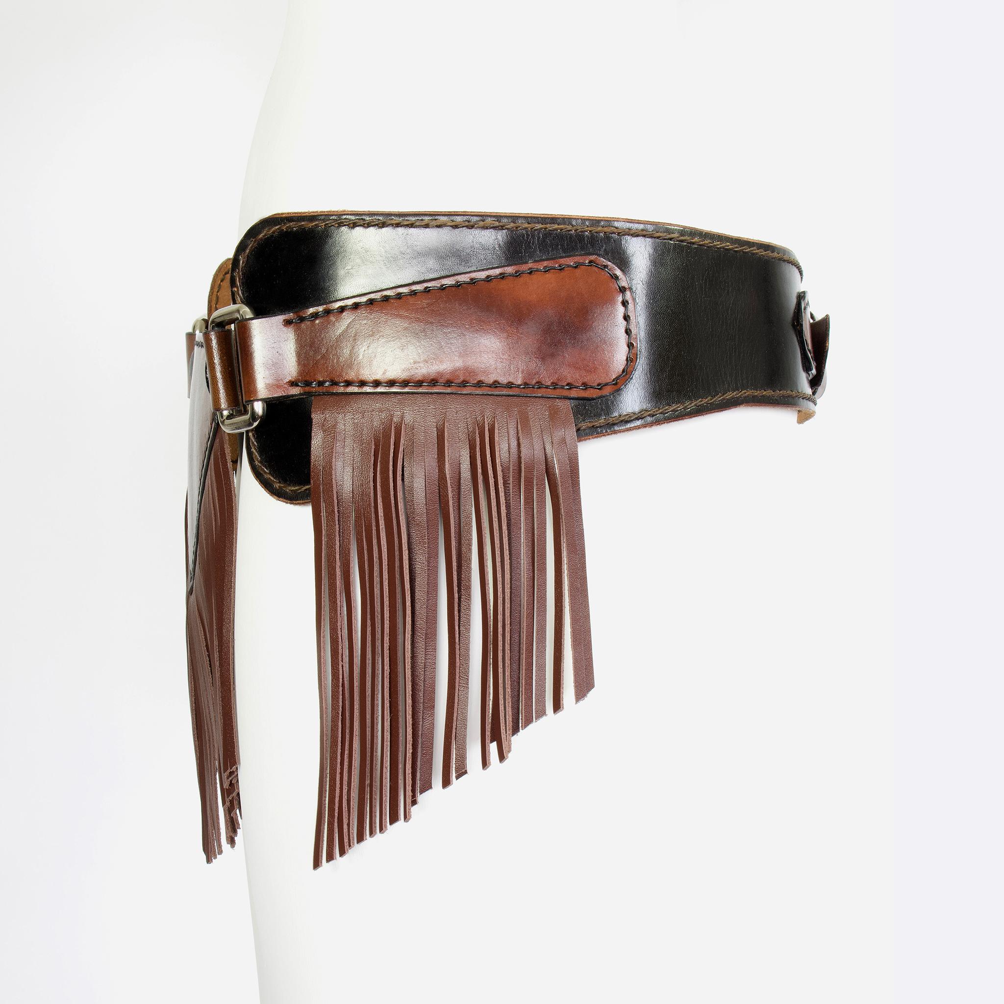 Product Details: Leather - Tassel Fringe Belt - RARE - One-Off Piece - Adjustable Back Buckle Fasten - Top Stitch Detailing 
Label: Unknown - One-Off Piece
Fabric Content: Chesnut Brown + Dark Brown / Leather 
Size: Medium 
Waist Circumference /