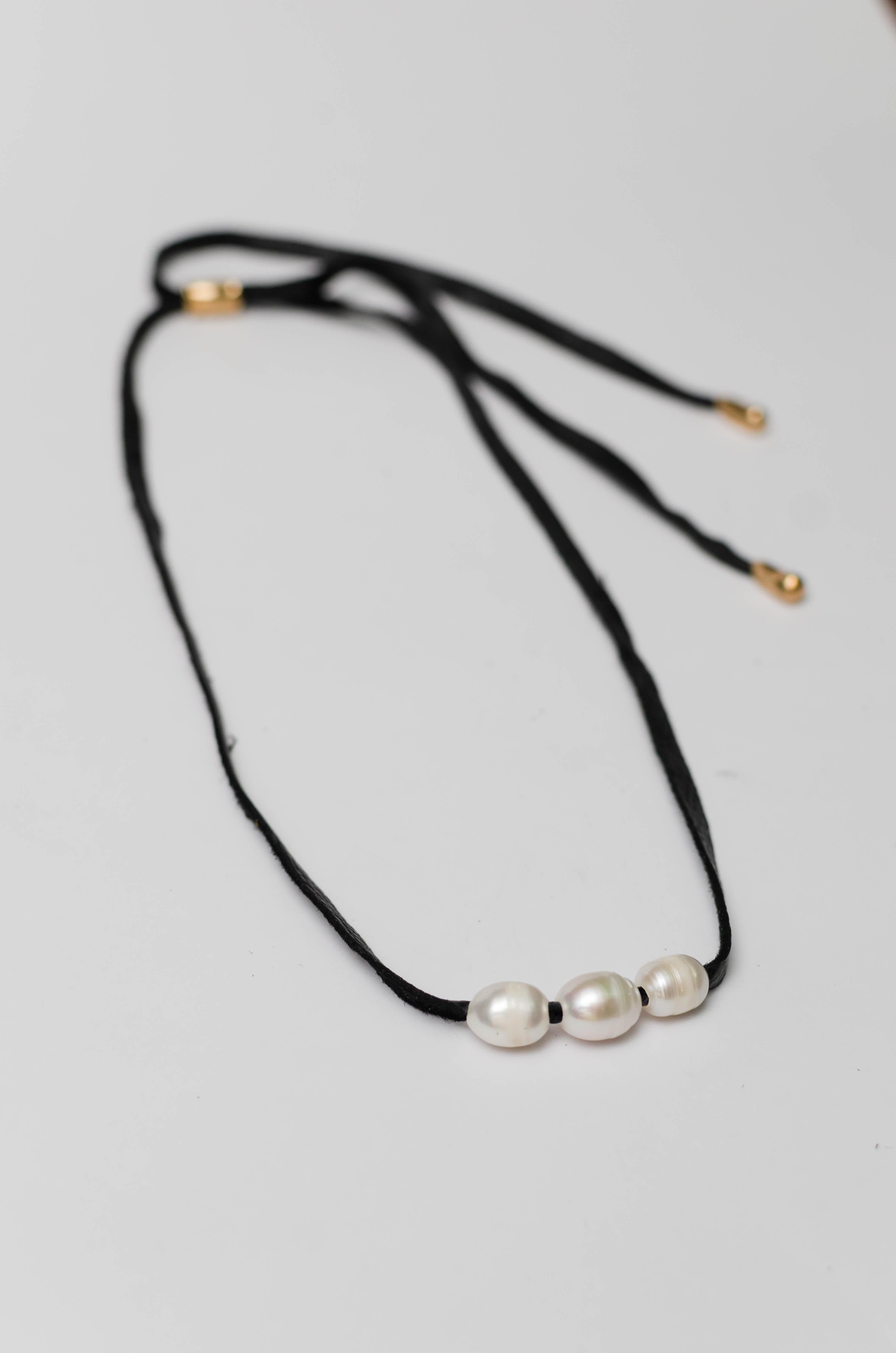 Modernist Leather Three Pearls Necklace For Sale