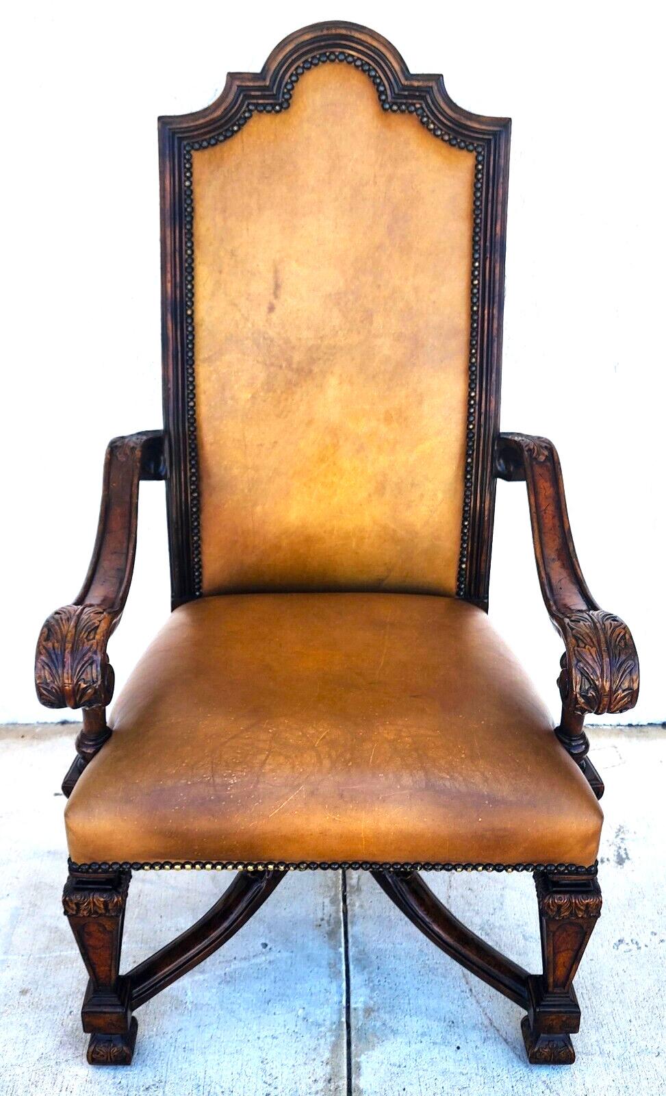 For FULL item description click on CONTINUE READING at the bottom of this page.

Offering One Of Our Recent Palm Beach Estate Fine Furniture Acquisitions Of A 
Leather Throne Armchair by THEODORE ALEXANDER
Featuring detailed carvings, H stretcher