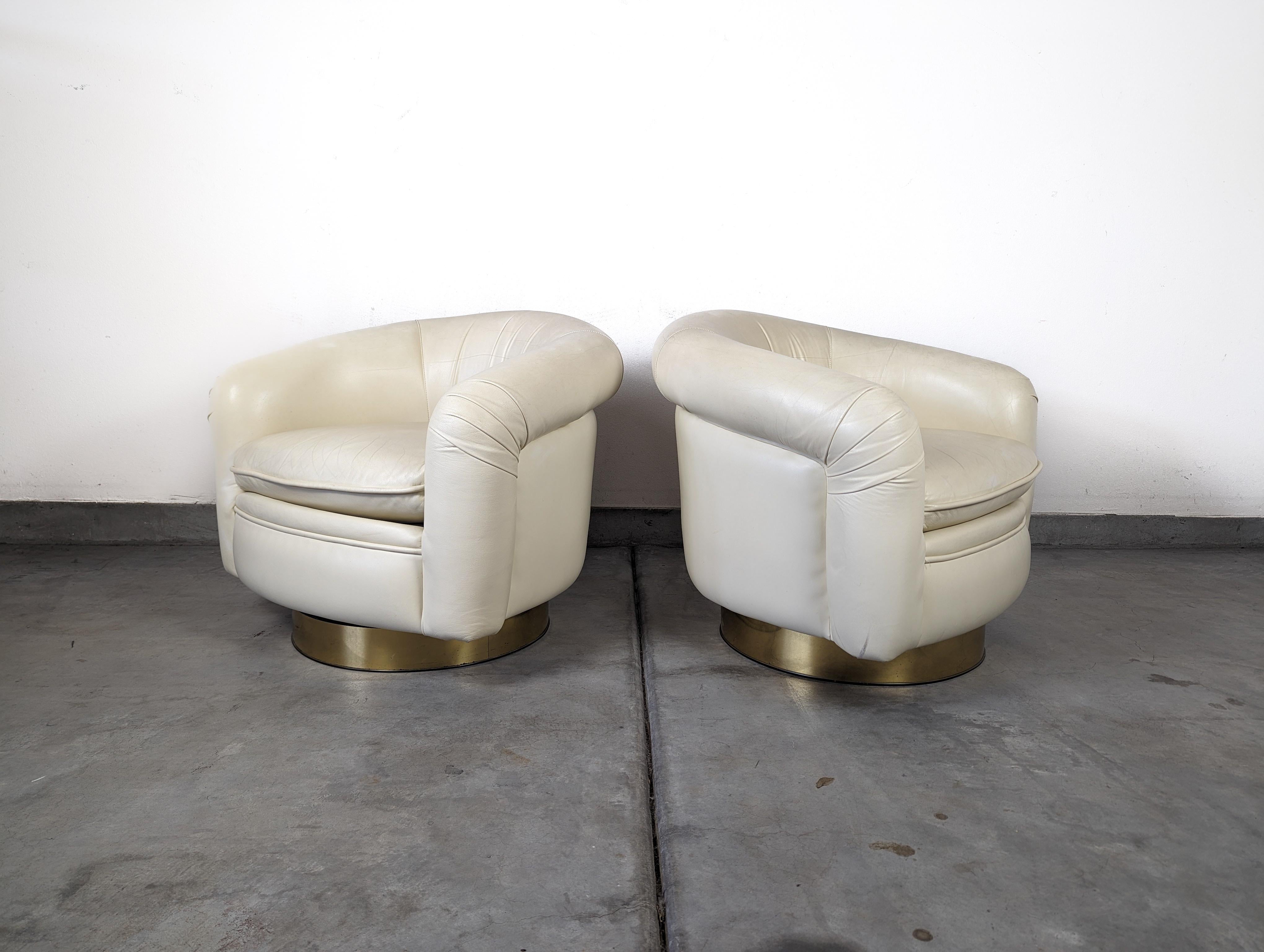 Brass Leather Tilt Swivel Lounge Chairs by Milo Baughman for Thayer Coggin, c1970s For Sale