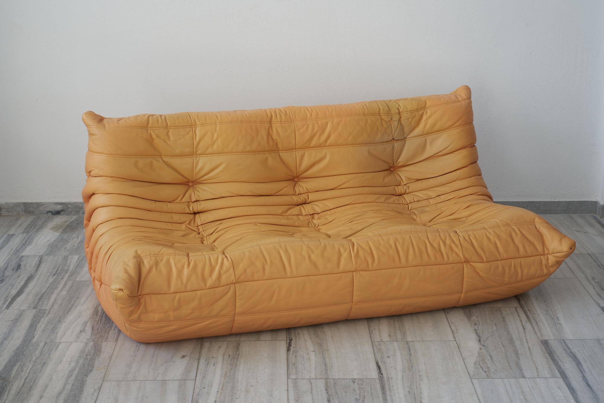 French Leather togo sofa by Michel Ducaroy for Ligne Roset For Sale