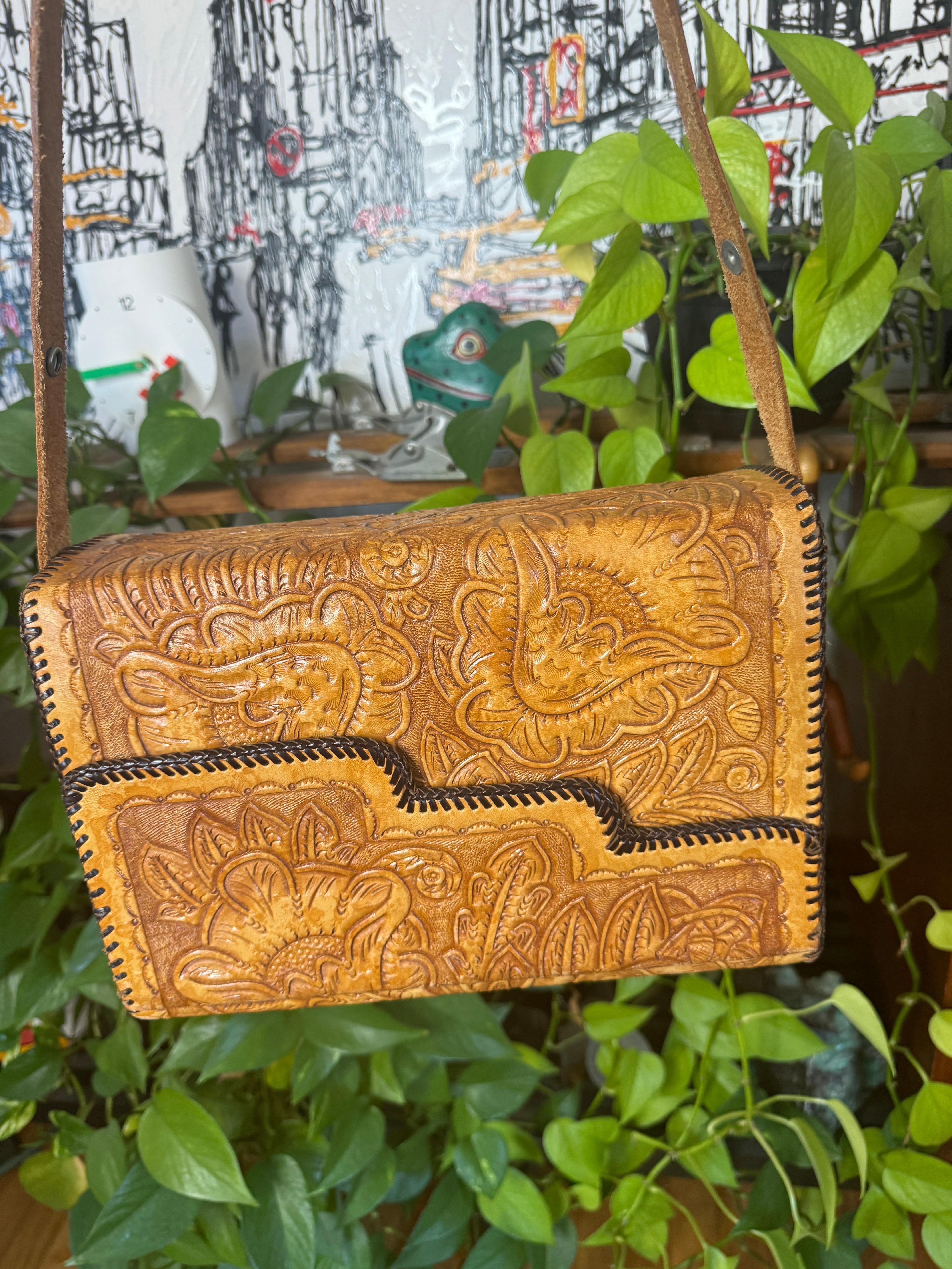 Sac à main en cuir toilé - Sac en cuir vieilli vintage en vente 8