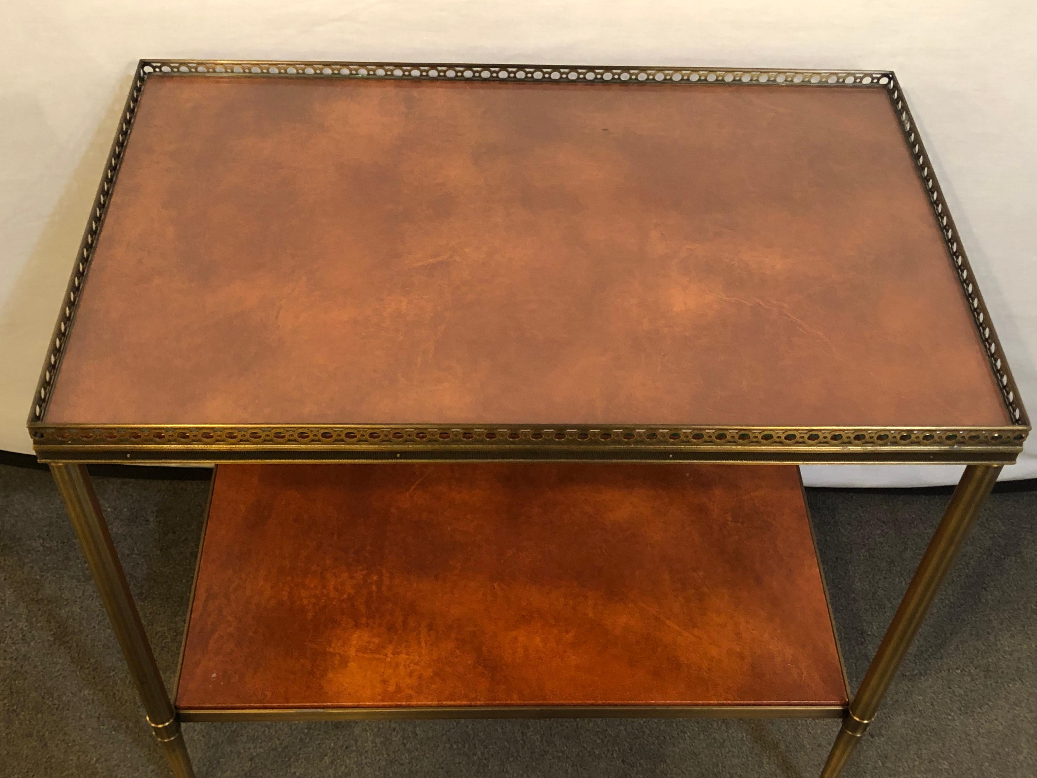Hollywood Regency Leather Top Baguès Style End Tables by John Boone with Tortoise Shell Form Top