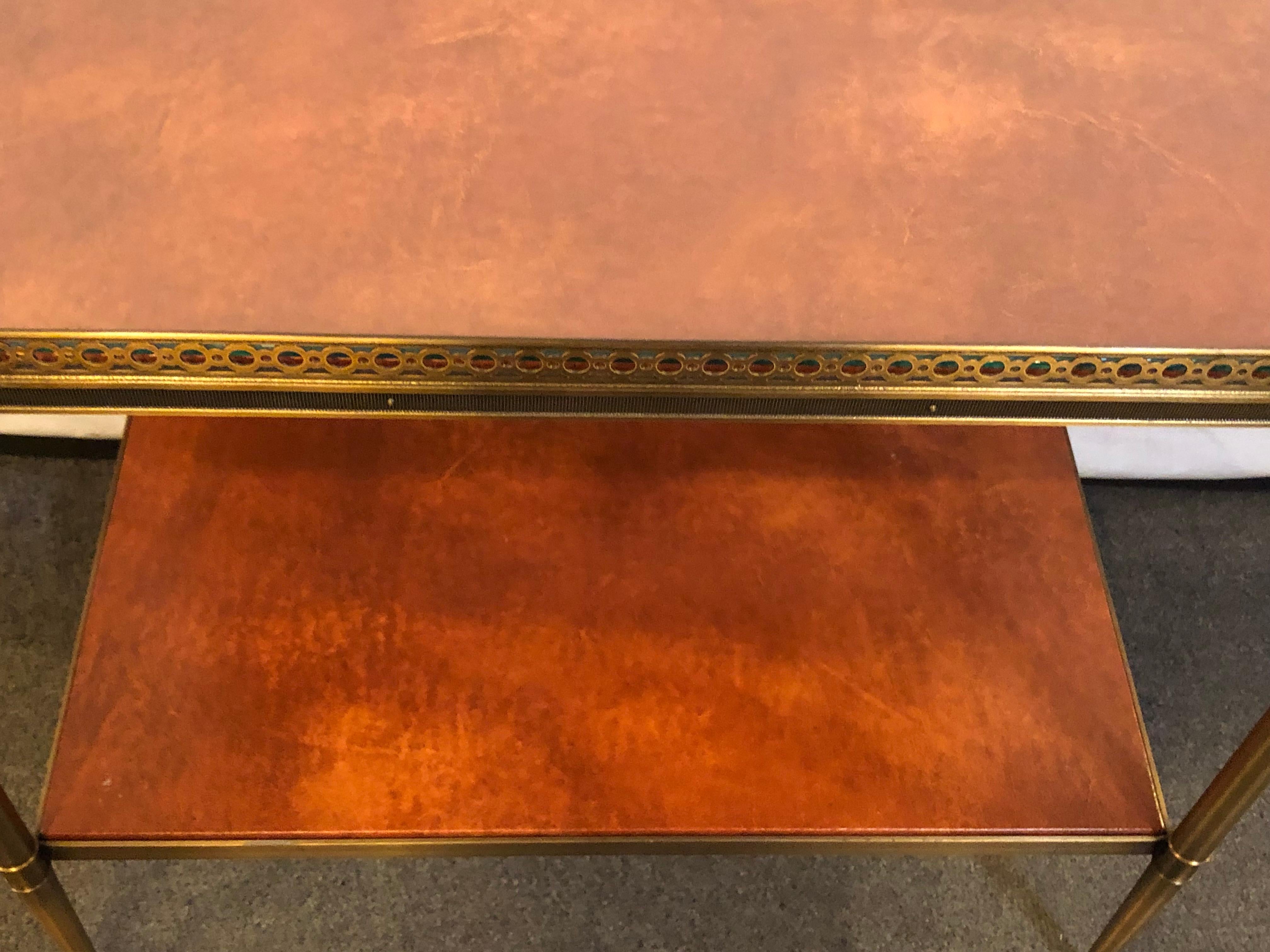 Leather Top Baguès Style End Tables by John Boone with Tortoise Shell Form Top In Good Condition In Stamford, CT