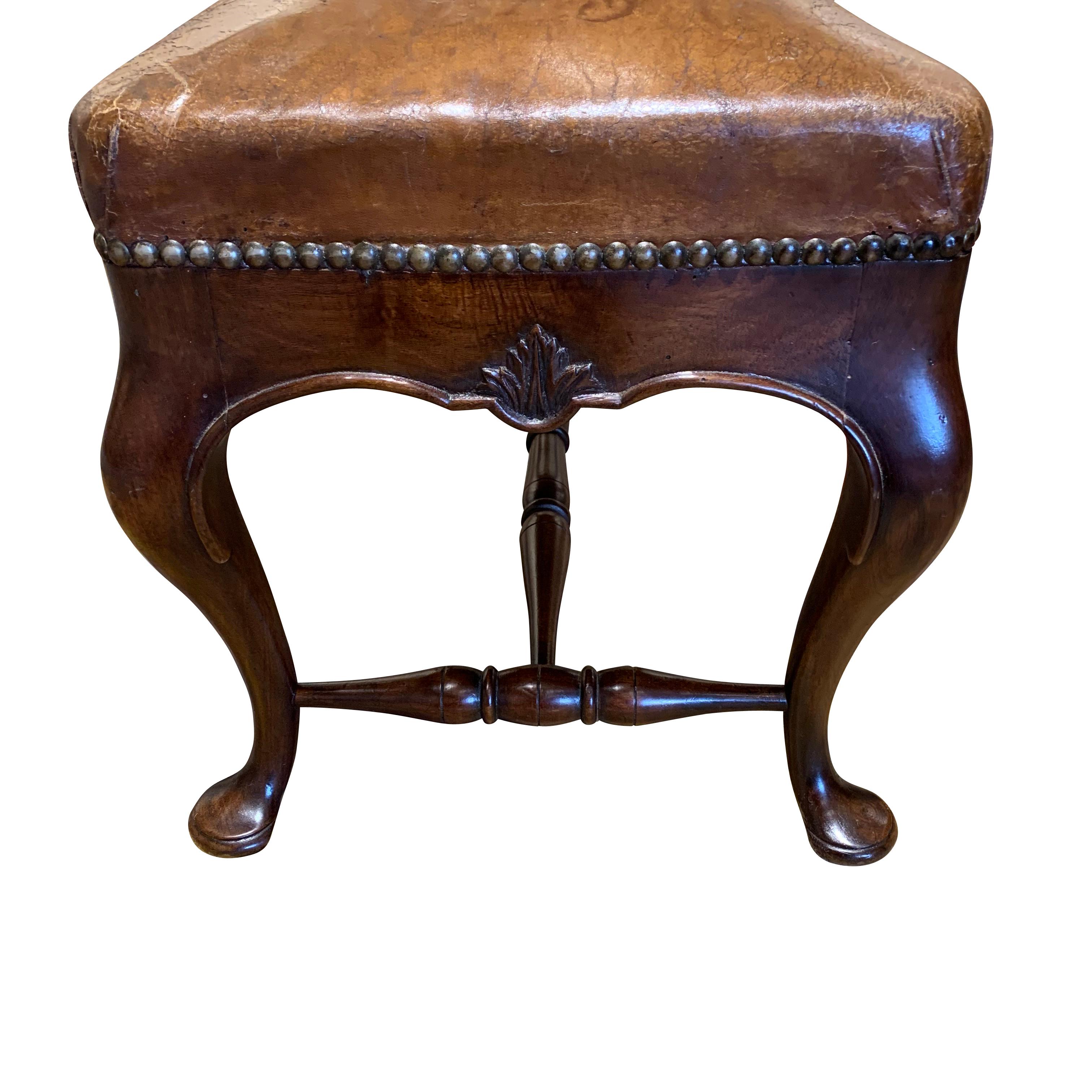 19th century English leather top bench
Cabriolet legs and brass tack details