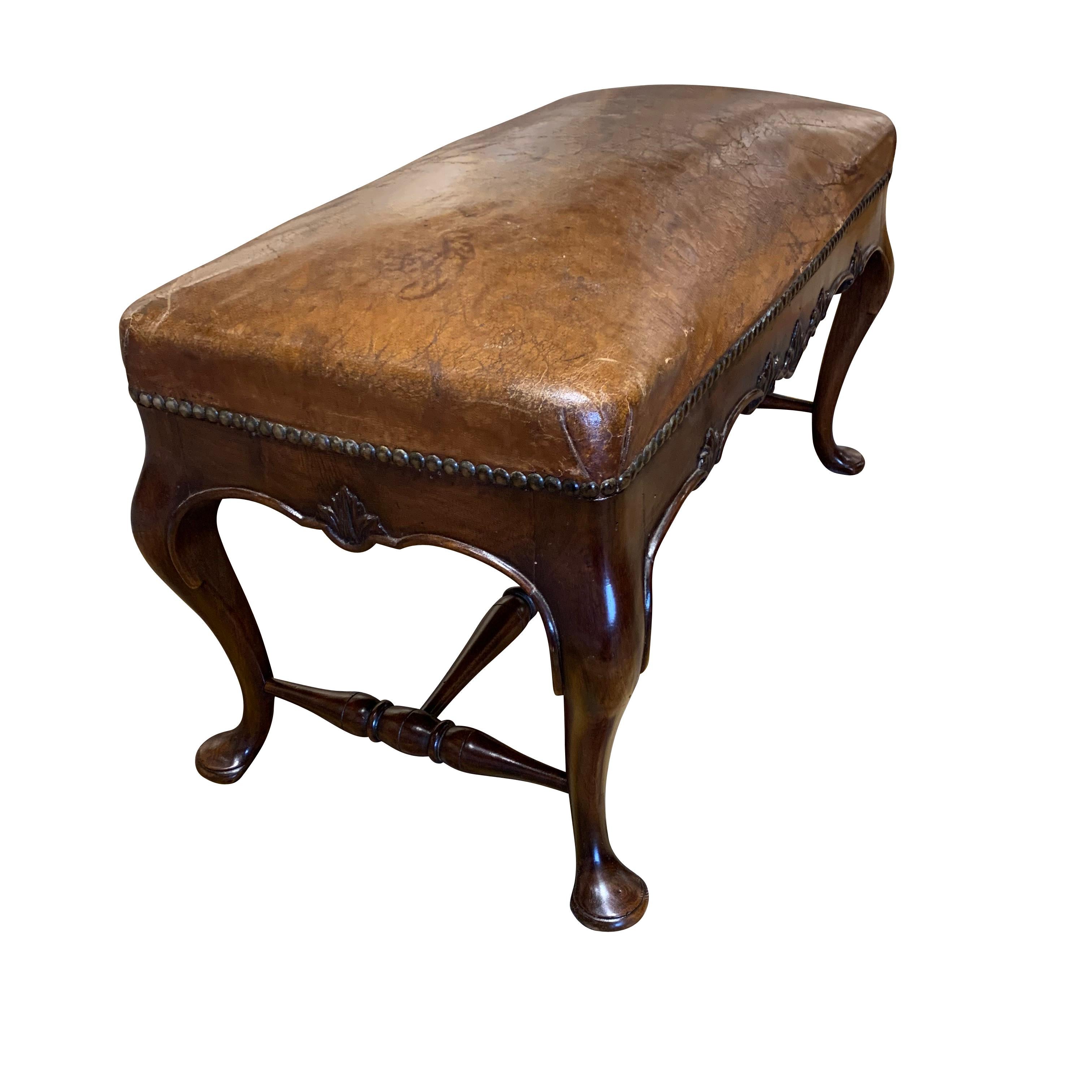 English Leather Top Bench, England, 19th Century