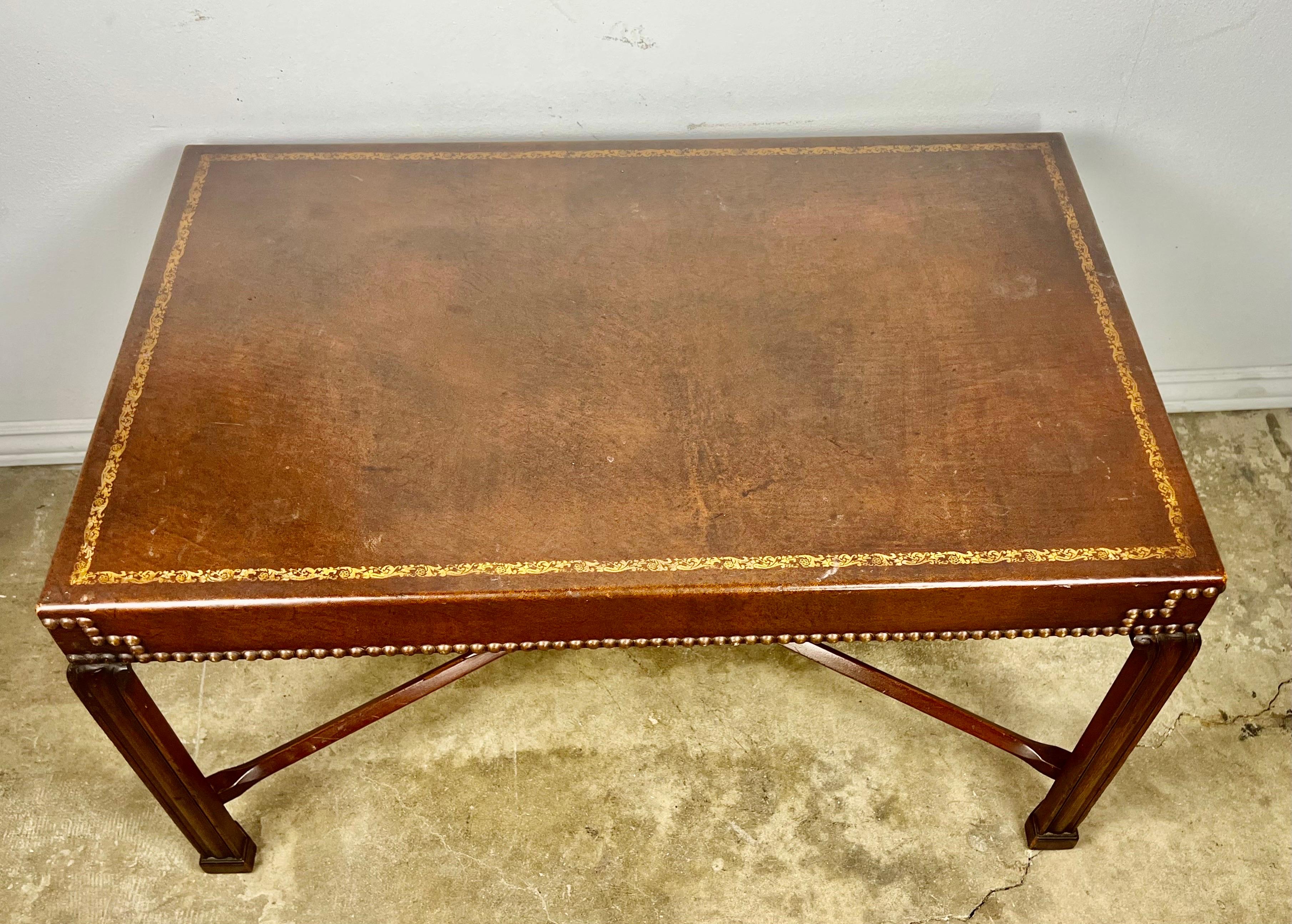 Chippendale Leather Top English Tea Table For Sale