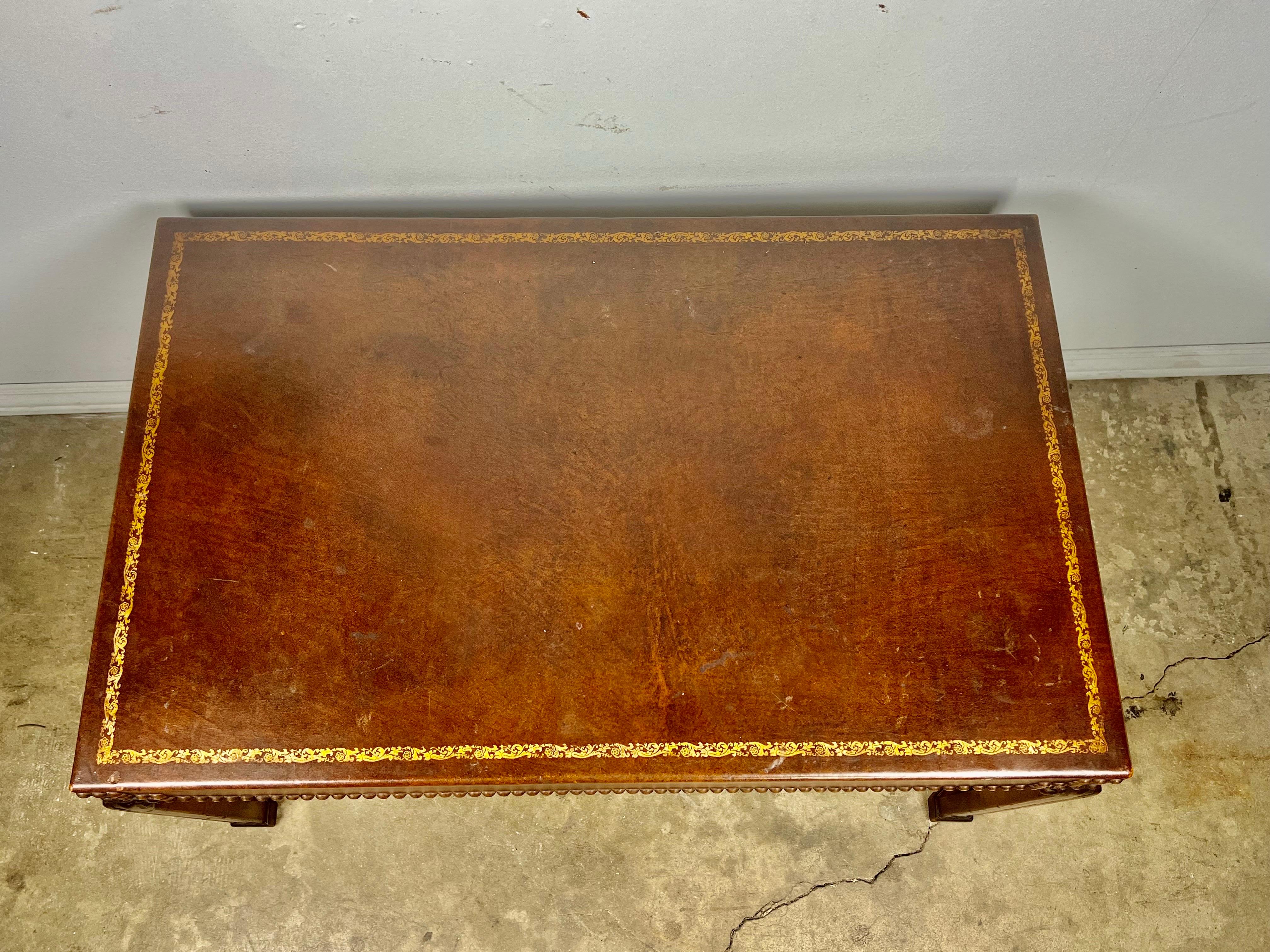 Leather Top English Tea Table In Distressed Condition For Sale In Los Angeles, CA