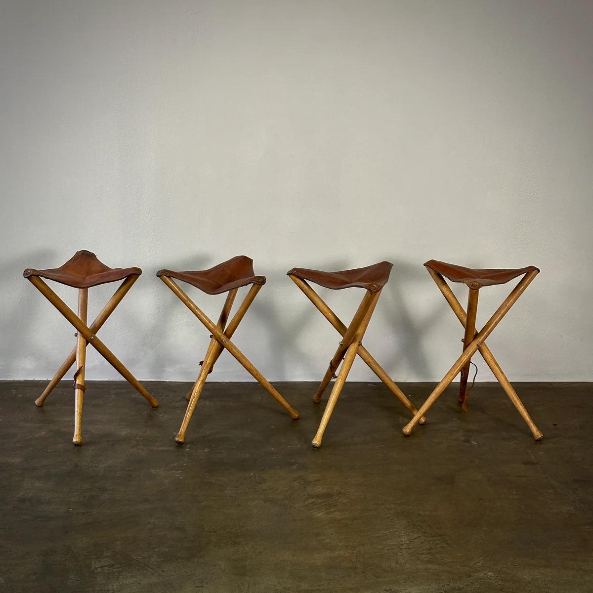 Scandinavian Leather Top Folding Tripod Stools For Sale