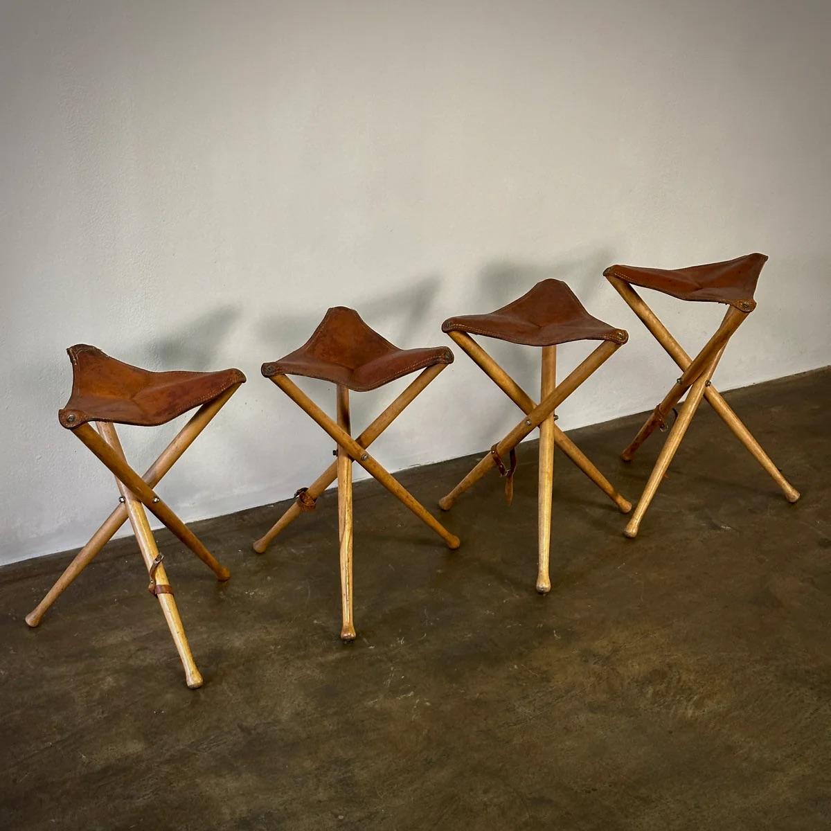 Mid-20th Century Leather Top Folding Tripod Stools For Sale