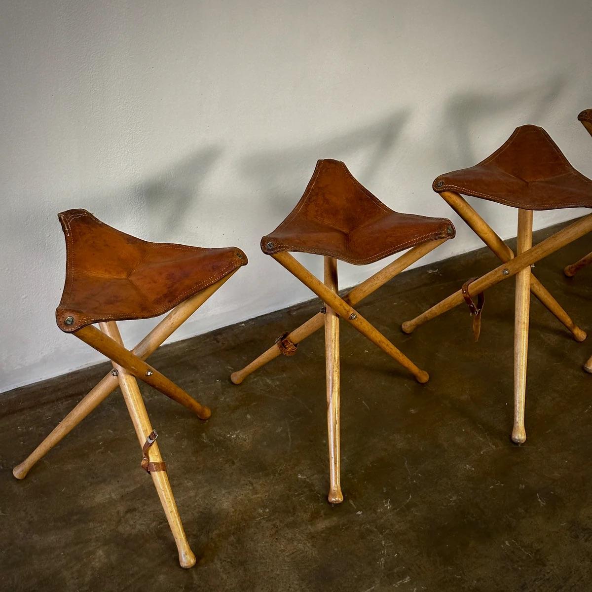 Leather Top Folding Tripod Stools For Sale 3