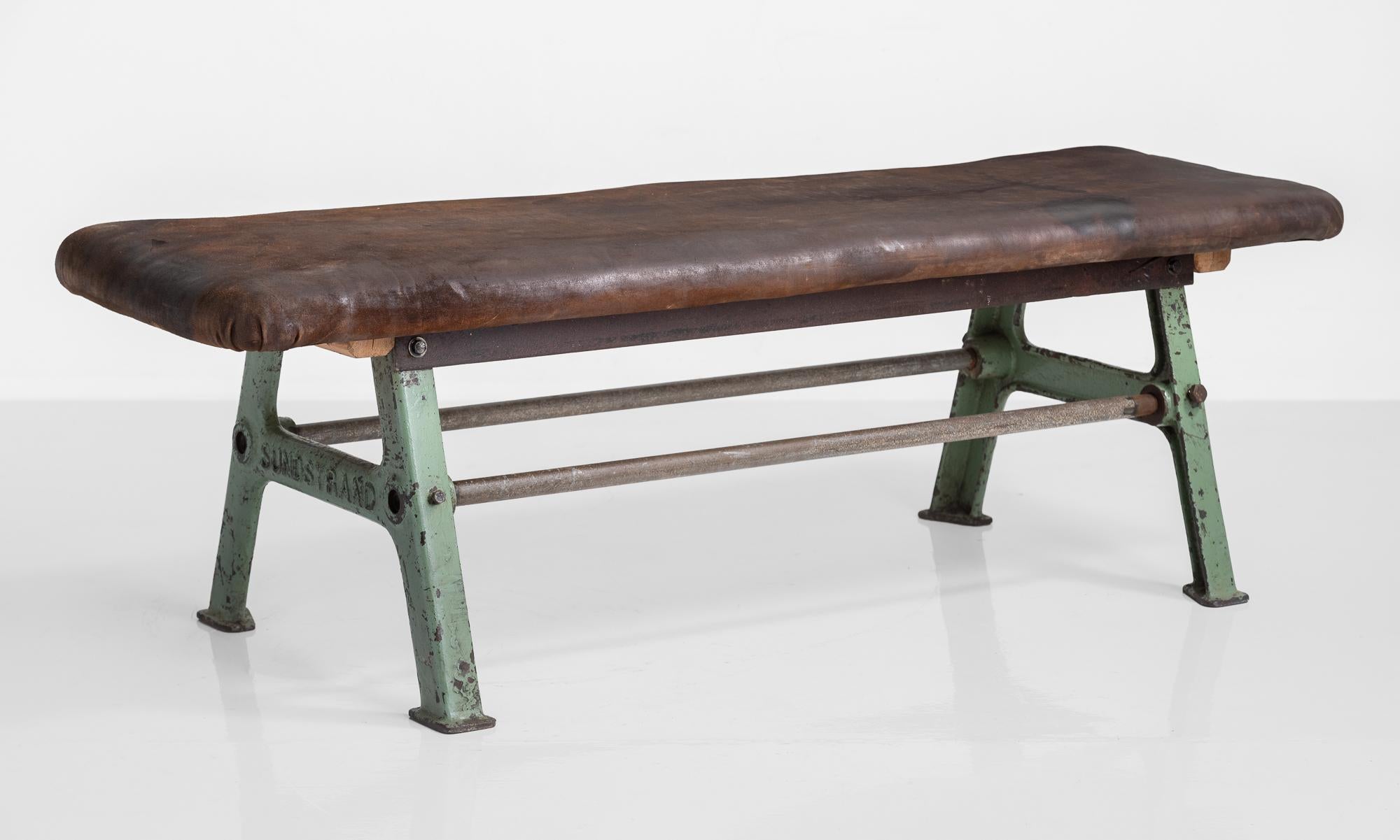Leather top industrial bench, France, circa 1950.

Well worn leather top on industrial metal legs with tubular stretcher support.