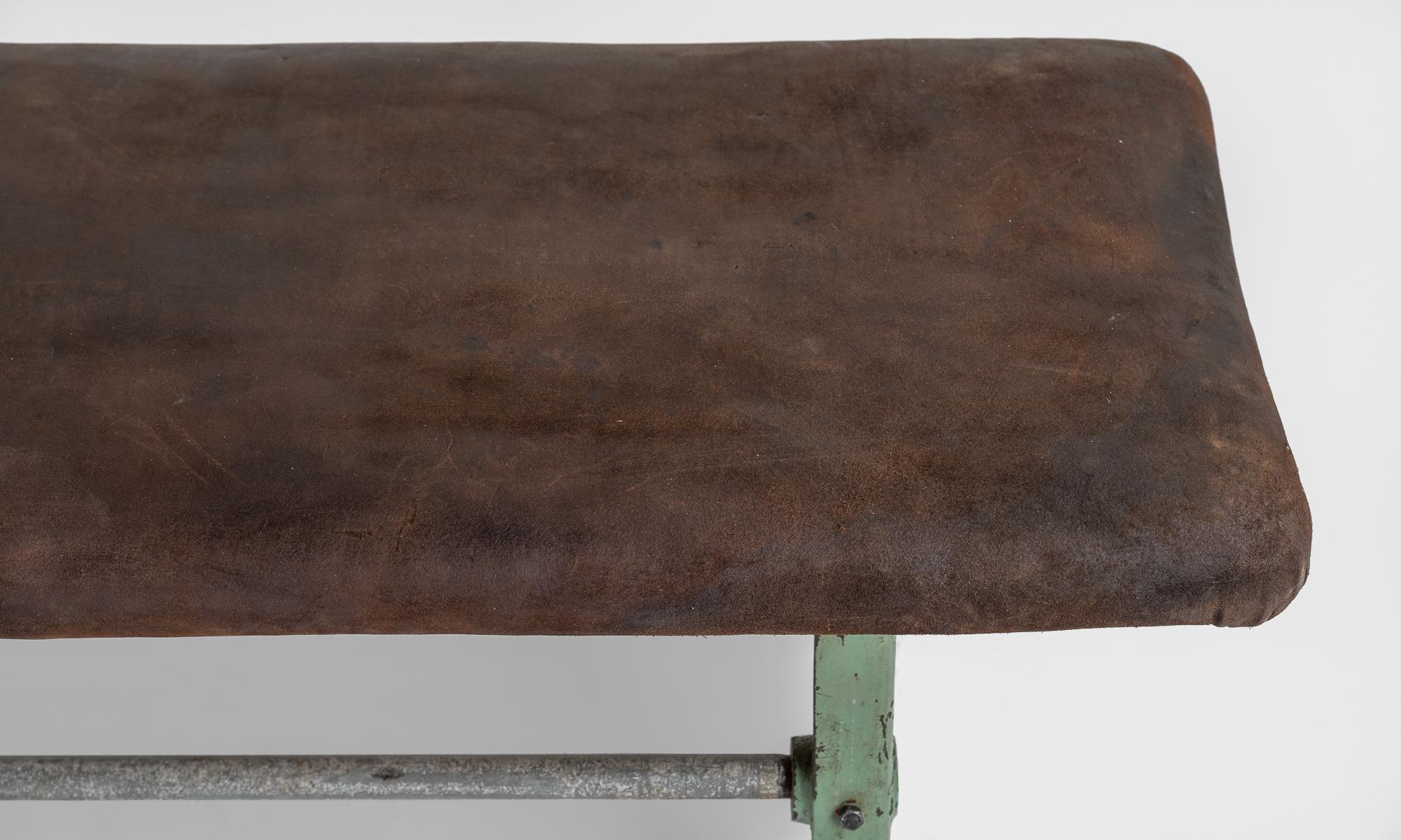 French Leather Top Industrial Bench, France, circa 1950